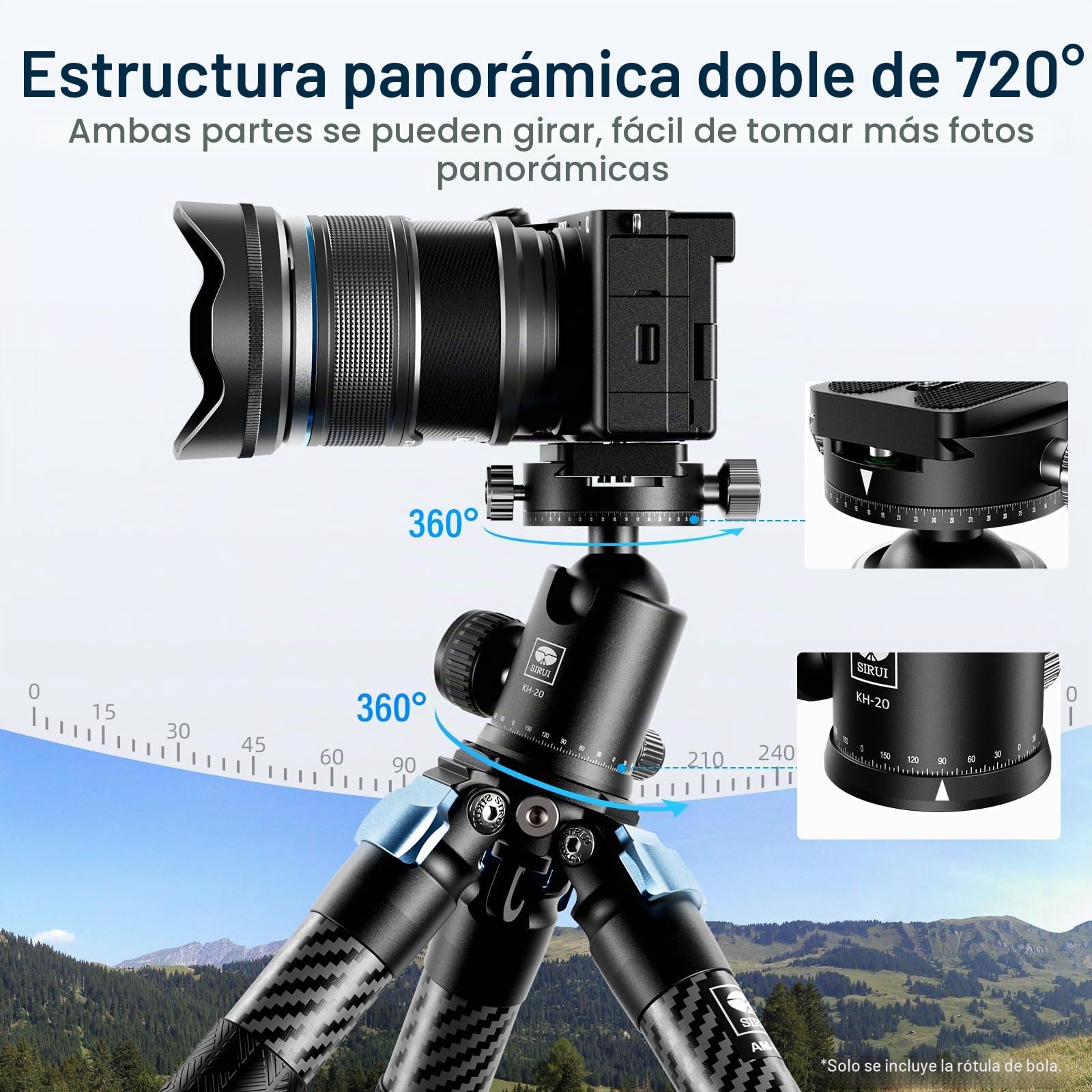 SIRUI Rótula de Bola para Trípode para Cámara, Doble Cabezal Panorámico de 360° con Bola de Metal de 36mm y Placa de Liberación Rápida de 1/4" para Cámara de Video, Carga Máxima 20kg - KH-20