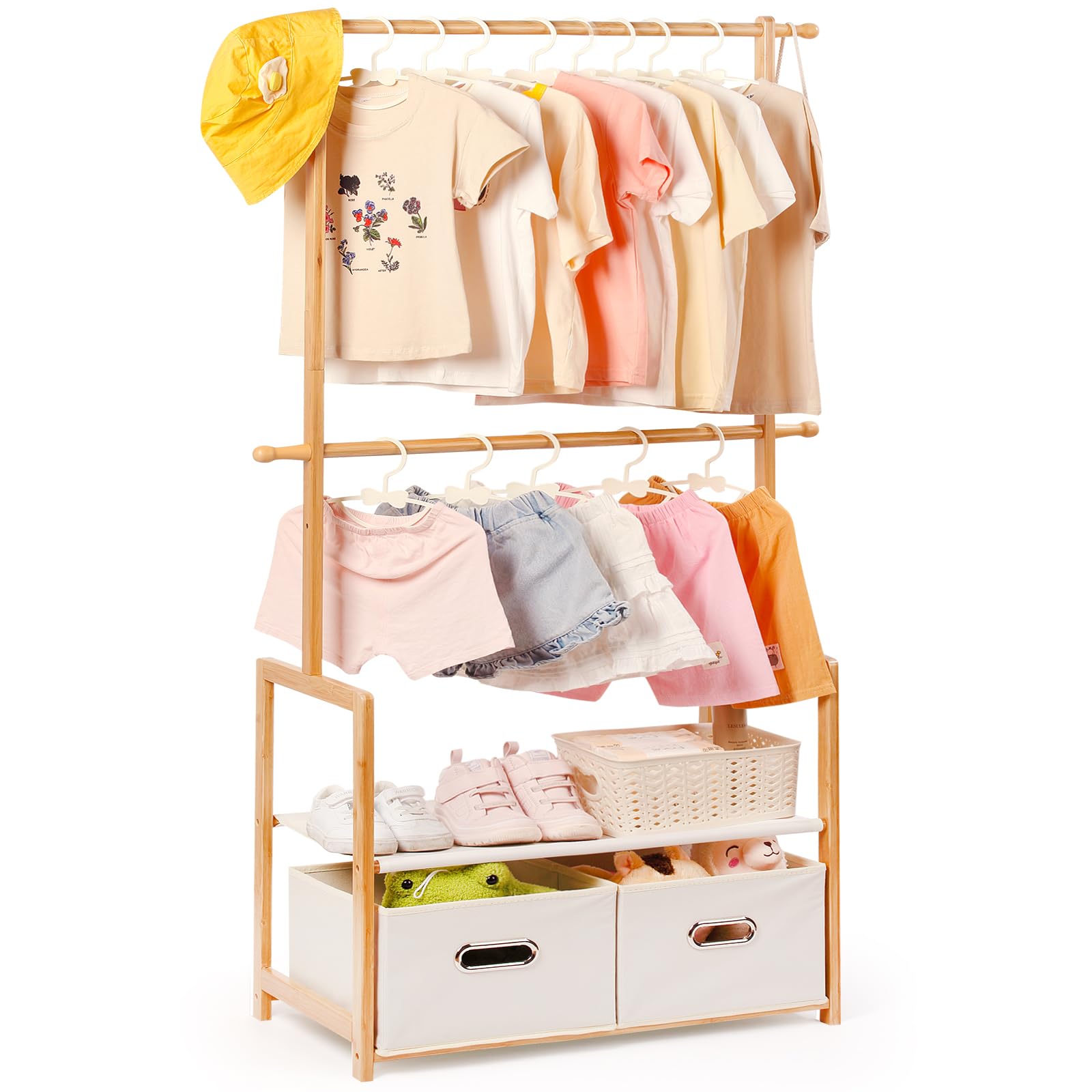Bambus Kinder Kleiderständer, mit 2 Aufbewahrungskiste und 2 Verstellbaren Hängestangen, Kleiderstange & Ablage, Kinderzimmer, Kindergarderobe, für Baby Mädchen Jungs (Naturfarbe)