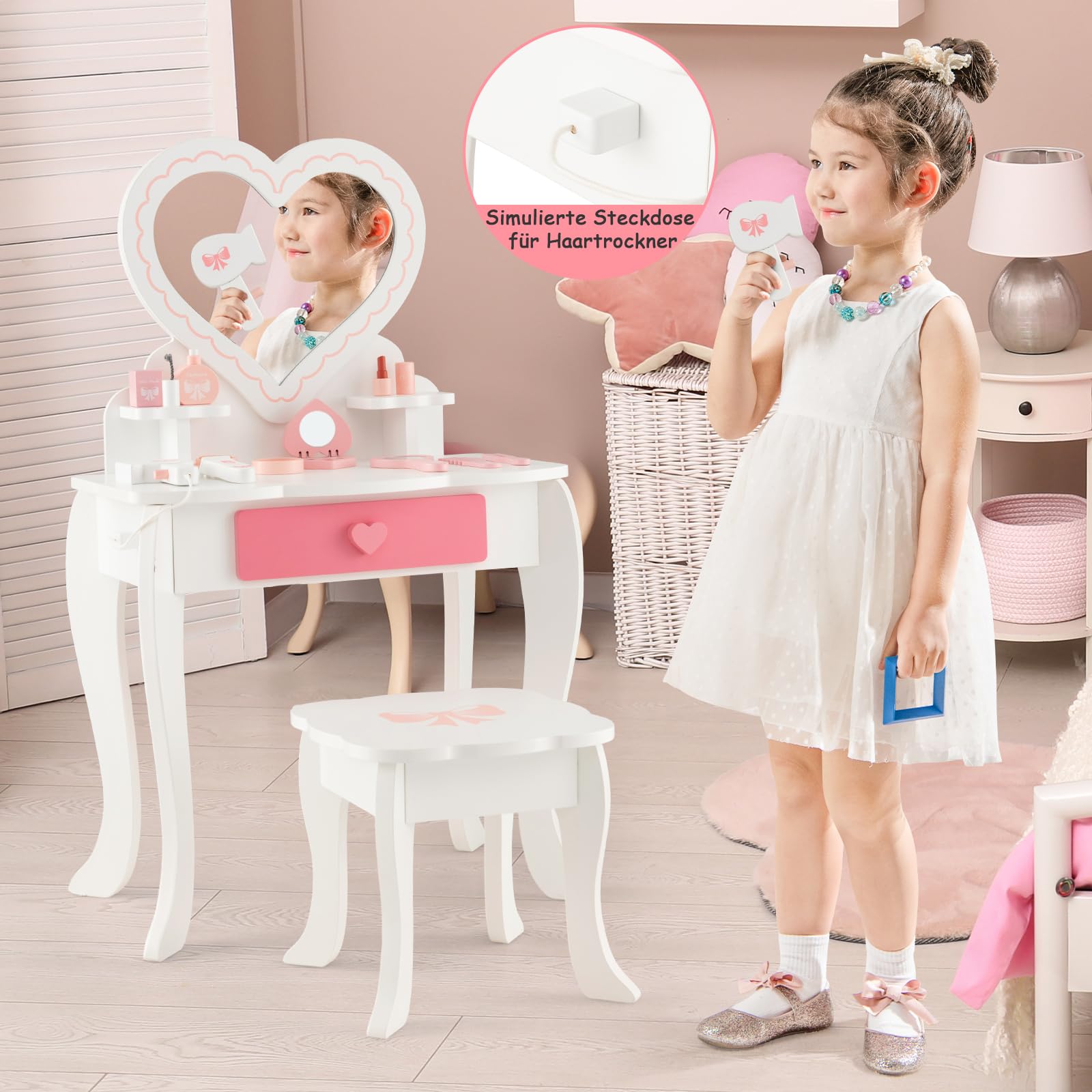 GOPLUS Make-uptafel voor kinderen, prinsessen-kaptafel met spiegel, afneembare plaat, kindermake-uptafel met lade en kruk, make-uptafel voor meisjes (roze zebra