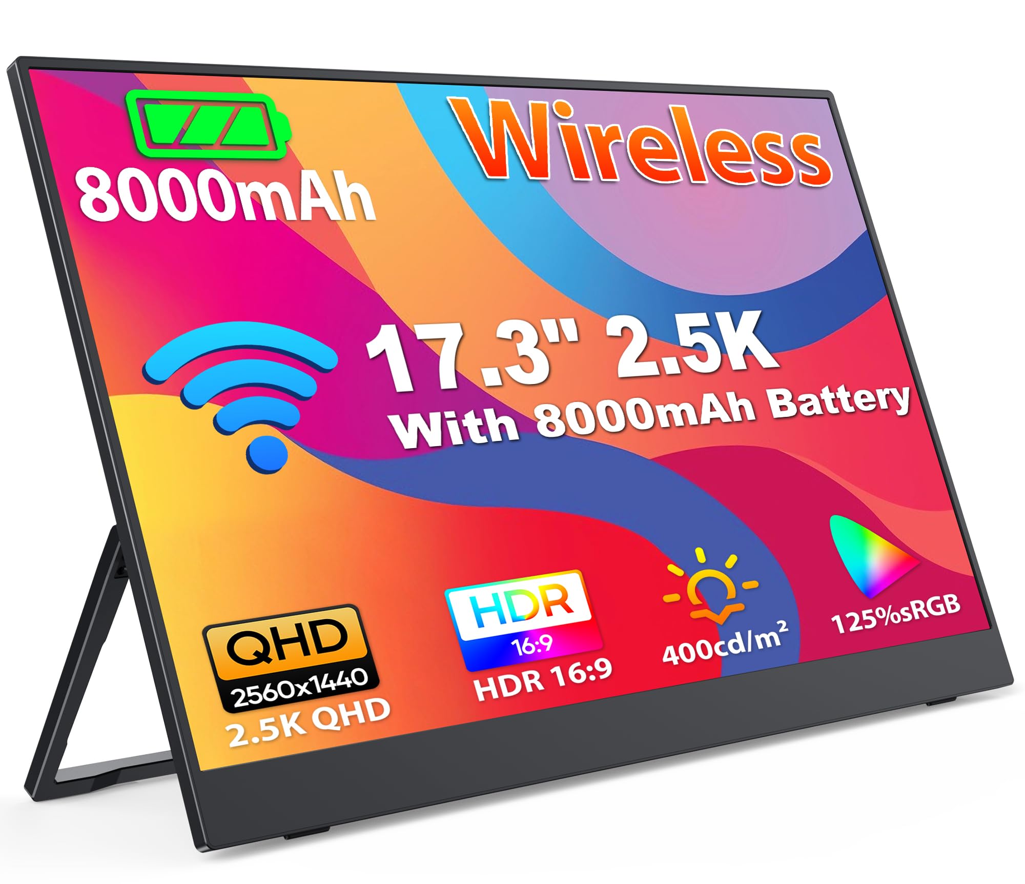 Magicraven Wireless Portable Monitor 8000mAh Battery, 17.3" 2.5K Laptop Screen Extender FHD 1080P Portable Screen with Speakers/Vesa, Second Screen for Laptop/PC/Phone/Games, Support AirPlay/Miracast