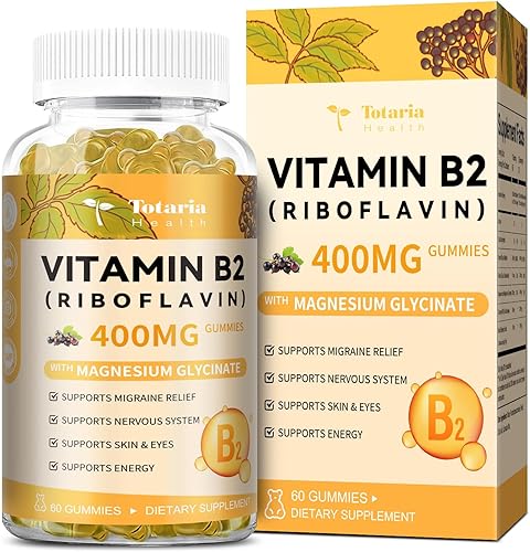 Totaria Gomitas de vitamina B2, riboflavina sin azúcar, suplemento de 400 mg para adultos y niños con glicinato de magnesio 400 mg, COQ10 y saúco,