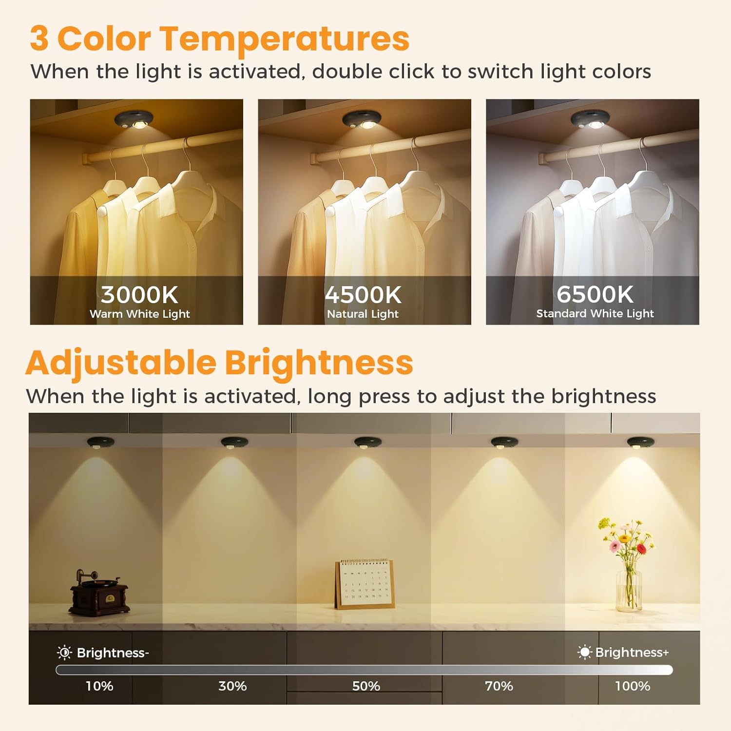 Motion Sensor Puck Lights, 3 Color Temps Dimmable Under Cabinet Lighting indoor, LED Wireless Rechargeable Magnetic Closet Light for Drawer, Shelf, Wardrobe, Kitchen, Hallway (Black, 4 Pack)