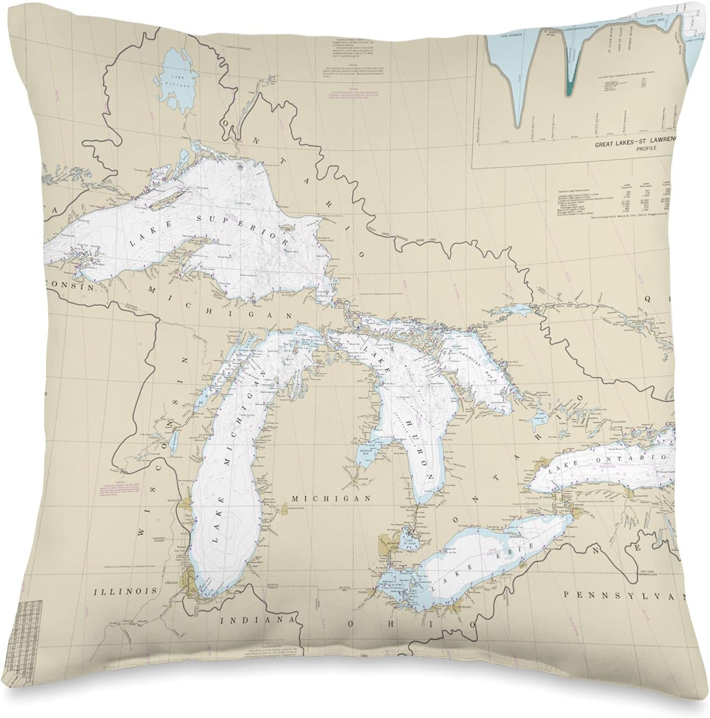 Nautical Chart - Great Lakes Throw Pillow