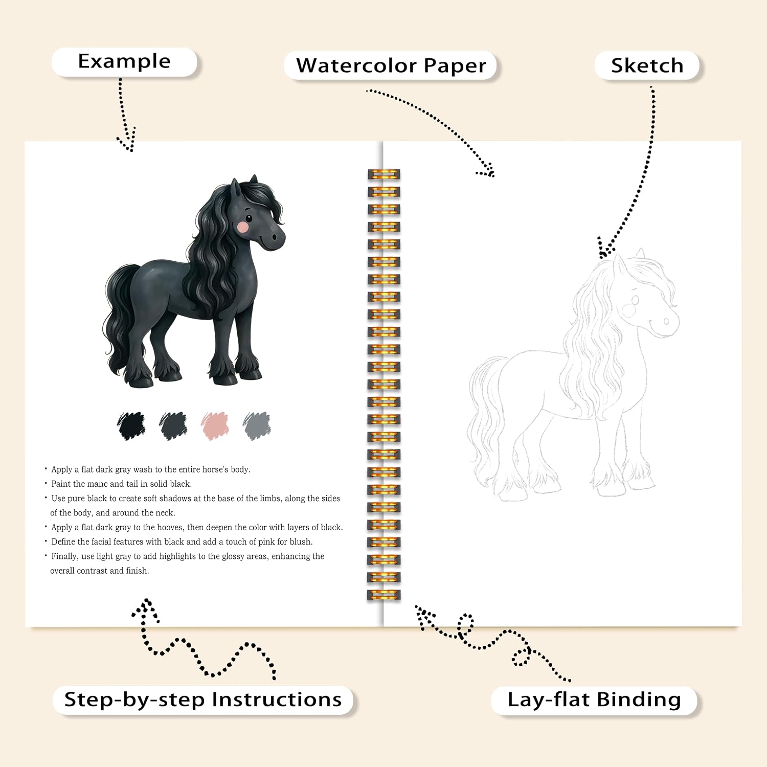 Easy Horses Watercolor Workbook for Adults Beginners, Water Coloring Painting Book with 12 Patterns, Travel Painting Pad, Art Gift for Horse Lovers Adults Teen