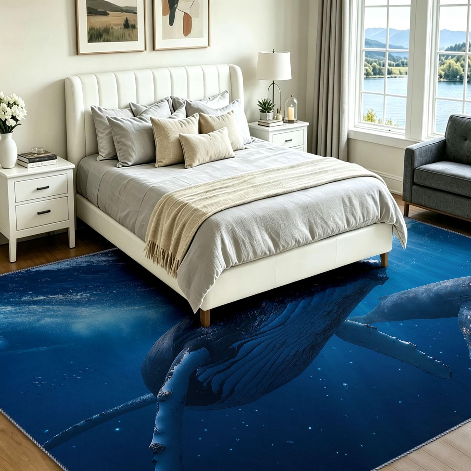 Générique Tapis pour Chambre Océan Photographie 140 x 200 cm, Tapis Antidérapant Océan Baleine Soleil Modèle, Poils Courts Doux Lavable Moquette Décoration pour Salon Chambre Cuisine et Couloir