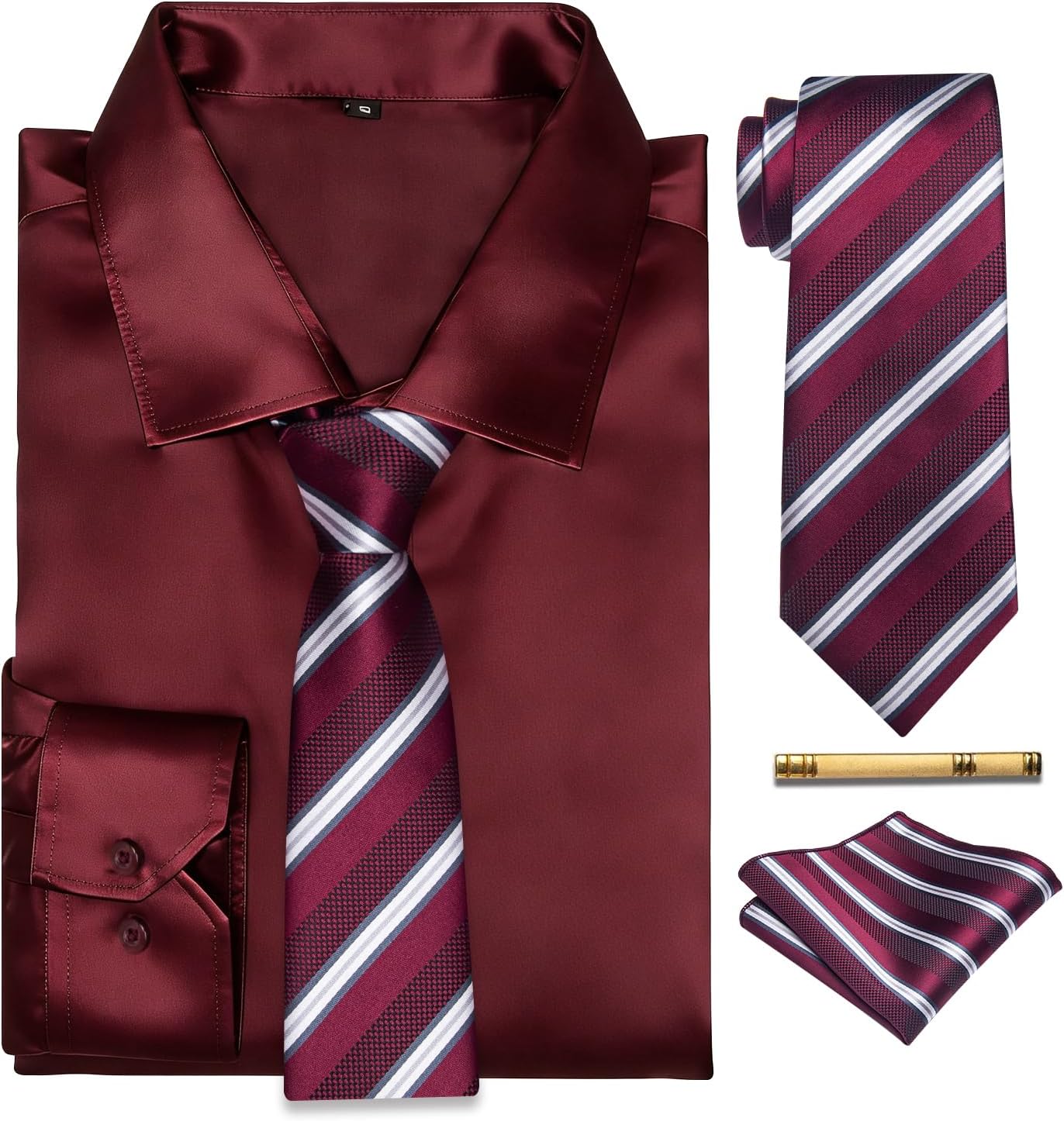 YourTies Satin Dress Shirt and Tie Set for Men Silk Button Down Shirts with Tie Long Sleeve Pocket Square Cufflinks Tie Clip