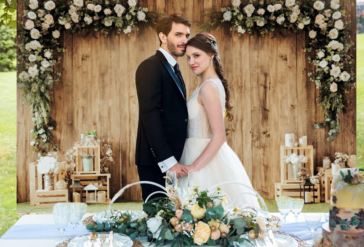 Hochzeitshintergrund, 30 x 160 cm, weiße Blumen, aus Holz, Junggesellinnenabschied, Fotohintergrund, Braut und Bräutigam, Verlobte Zeremonie, Jahrestag, Hochzeit, Mottoparty