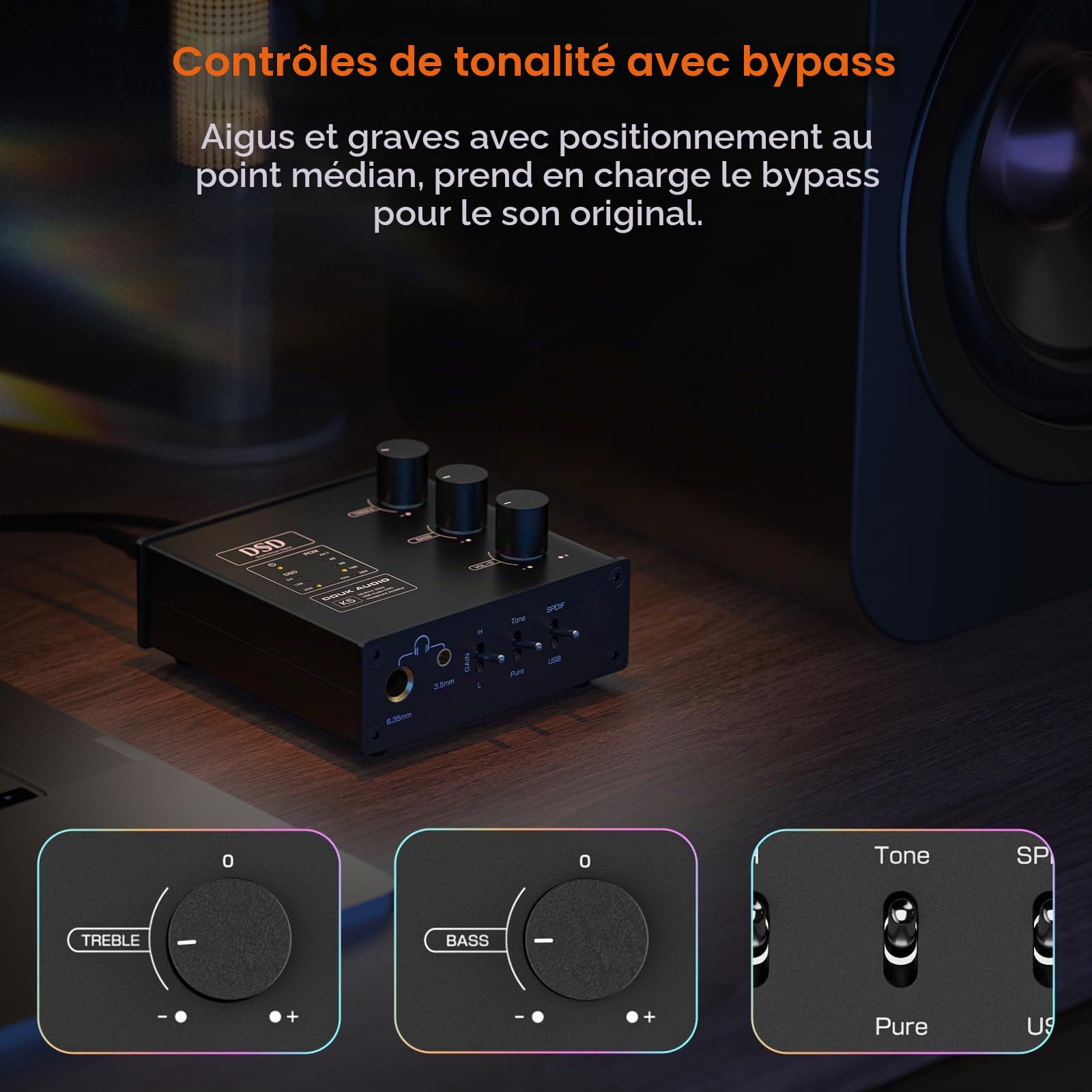 Douk Audio K5 PC DAC Amplificateur pour Casque avec USB & entrée Optique DSD256 pour amplificateur, Haut-parleurs, Mac, Ordinateur