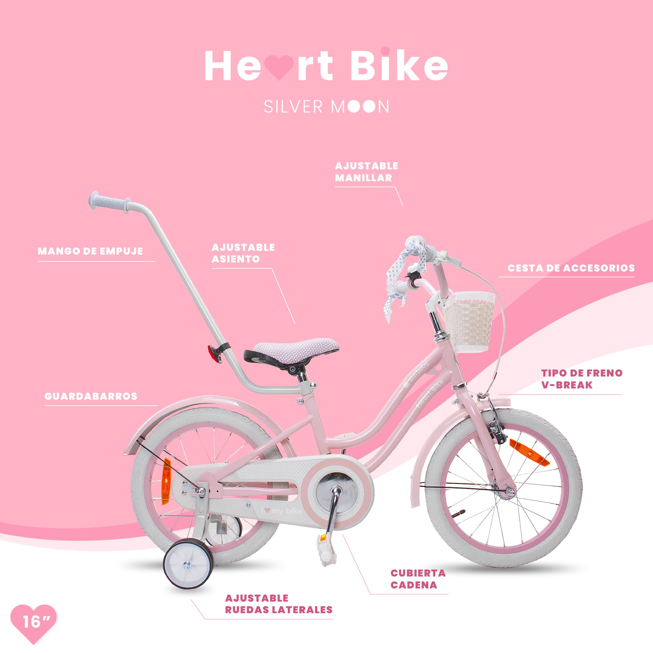 sun baby Heart Bike Bicicleta Infantil para niña 12/14/16 Pulgadas, con ruedines, Barra de Empuje, Cesta, Timbre, Freno contrapedal y V-Brake
