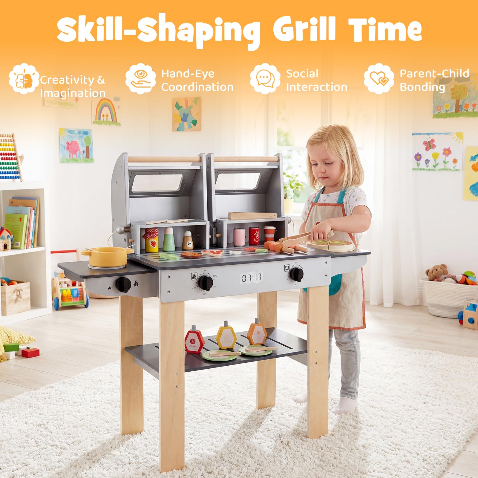 FANTASK Juguete para Barbacoa Infantil, Barbacoa con Cubiertos para Barbacoa y Alimentos para Juegos, Cocina de Barro con 2 barbacoas y Tapas abatibles, Juego de Cocina para Exteriores para niños a