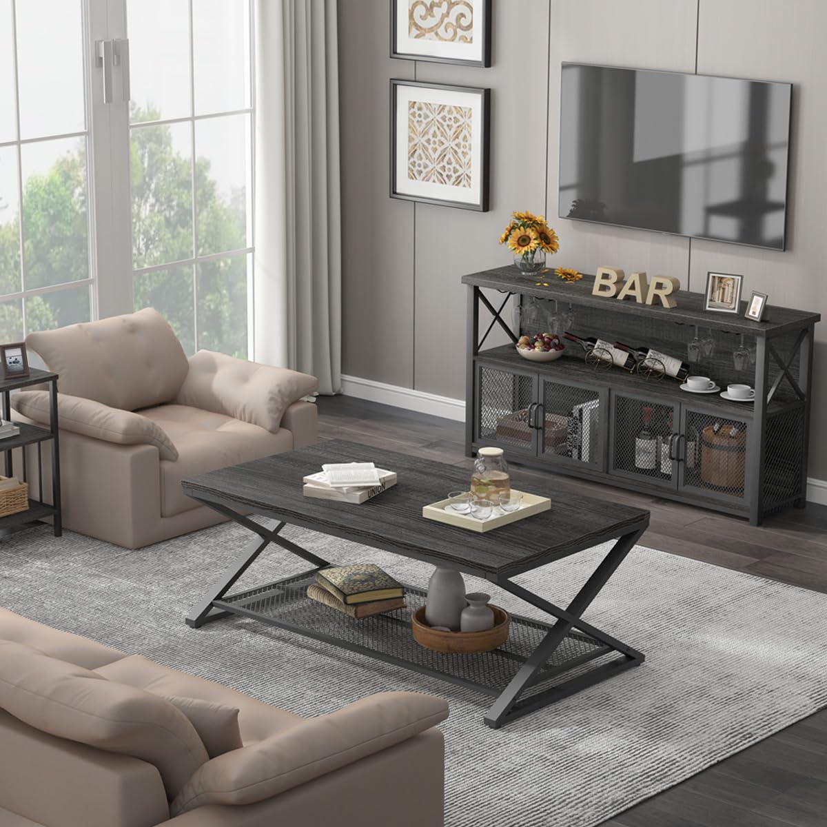 LVB Gabinete de bar de vinos, gabinete industrial para licor y vasos, aparador moderno con estante de almacenamiento, bar rústico de licor para cocina, comedor, sala de estar, roble gris oscuro, 47