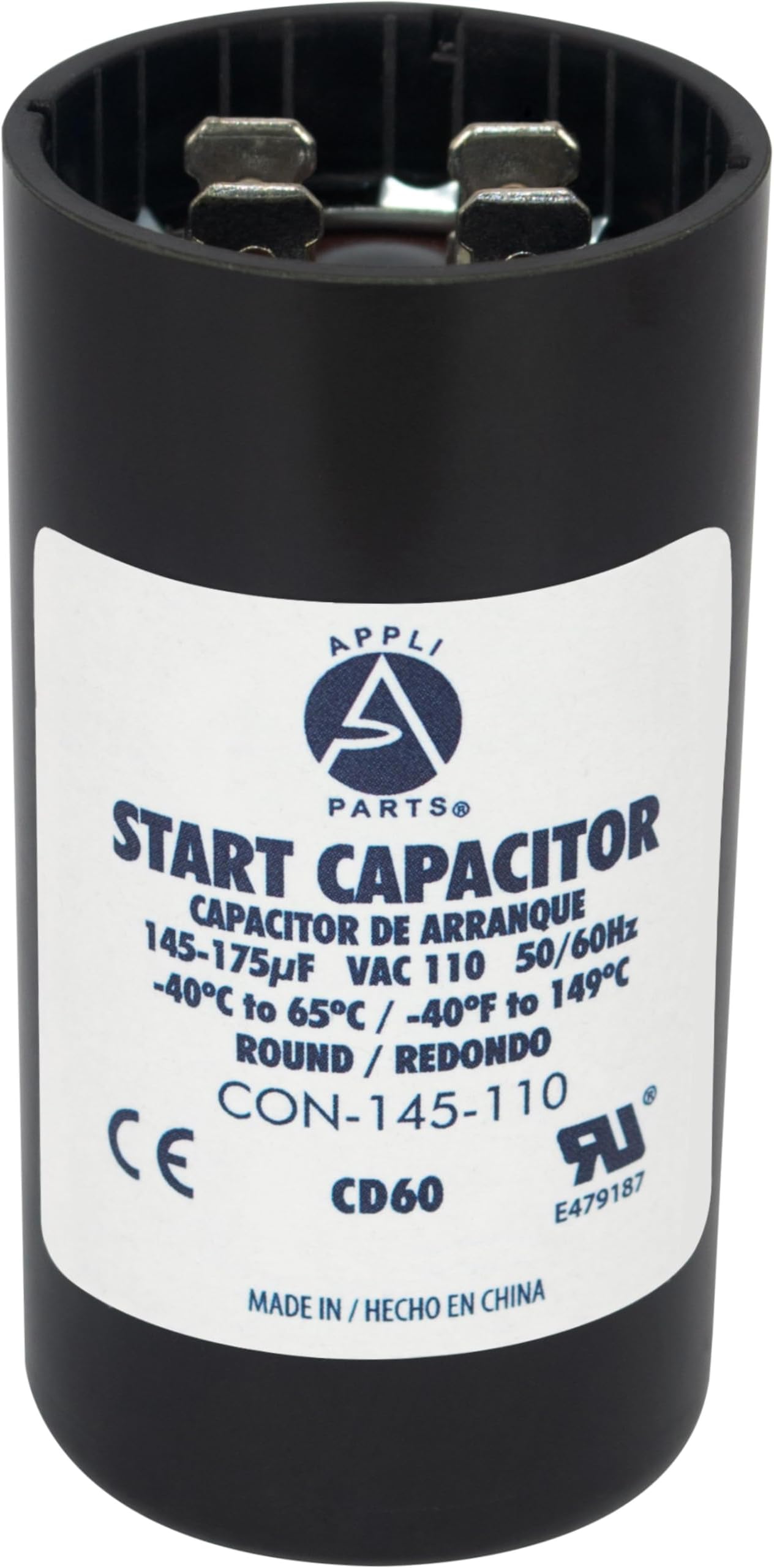 - Appli Parts CON-145-110 Motor Start Capacitor 145-175 MFD uF, 110-125 VAC. Universal for Electric Motor Applications, 1.44 in Wide, 2.75 in Height