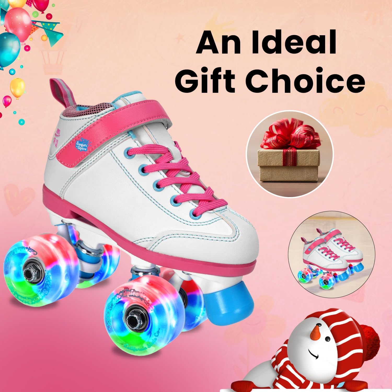 Sure-Grip Sugar & Spice Kids Roller Skates - Durable Vinyl Boot with Comfortable Padding - Features Indoor/Outdoor Light-Up Wheels - Lightweight Nylon Plate & Trucks - Available in Junior Sizes Only