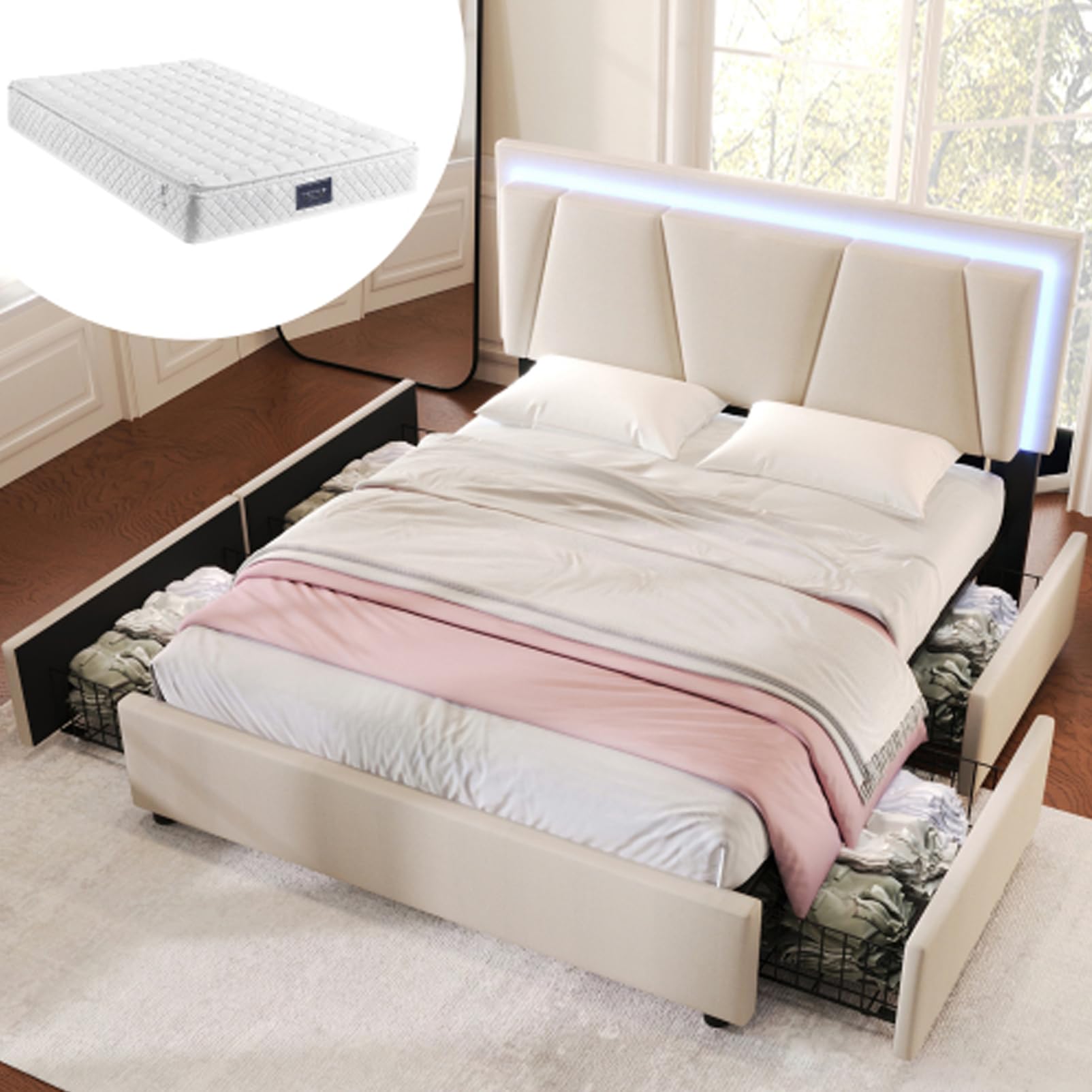 Letto Imbottito Rete A Doghe In Legno Letto Matrimoniale Con Illuminazione LED E Cassetti Letto Contenitore Letti Ragazzi Per Adulti Ragazzi Letto Ospiti Per Cameretta Beige Con Materasso 140x200