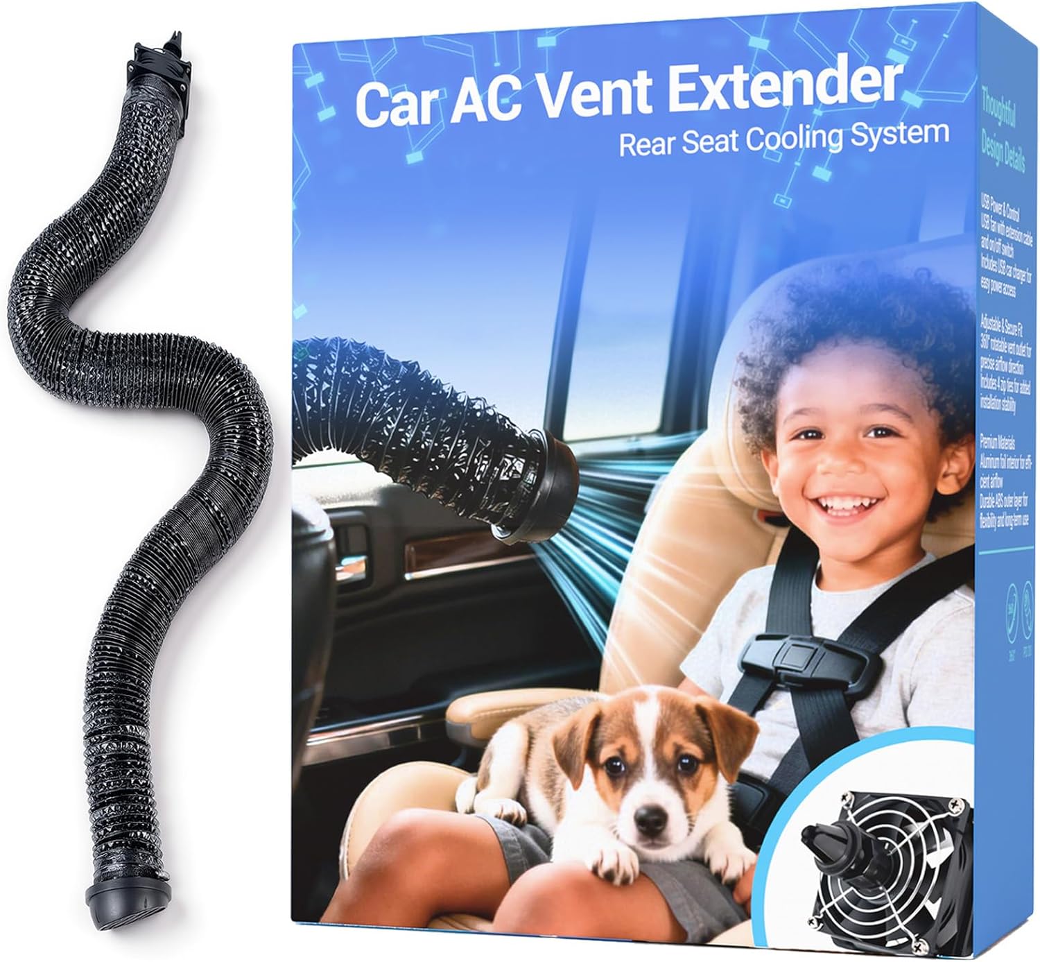 Car AC Vent Extender with USB Airflow Fan, Extendable Air Vent Hose for Backseat, AC Tube Back Seat Air Conditioning for Baby, Rear Seat Cooling Solution for Kids & Pets