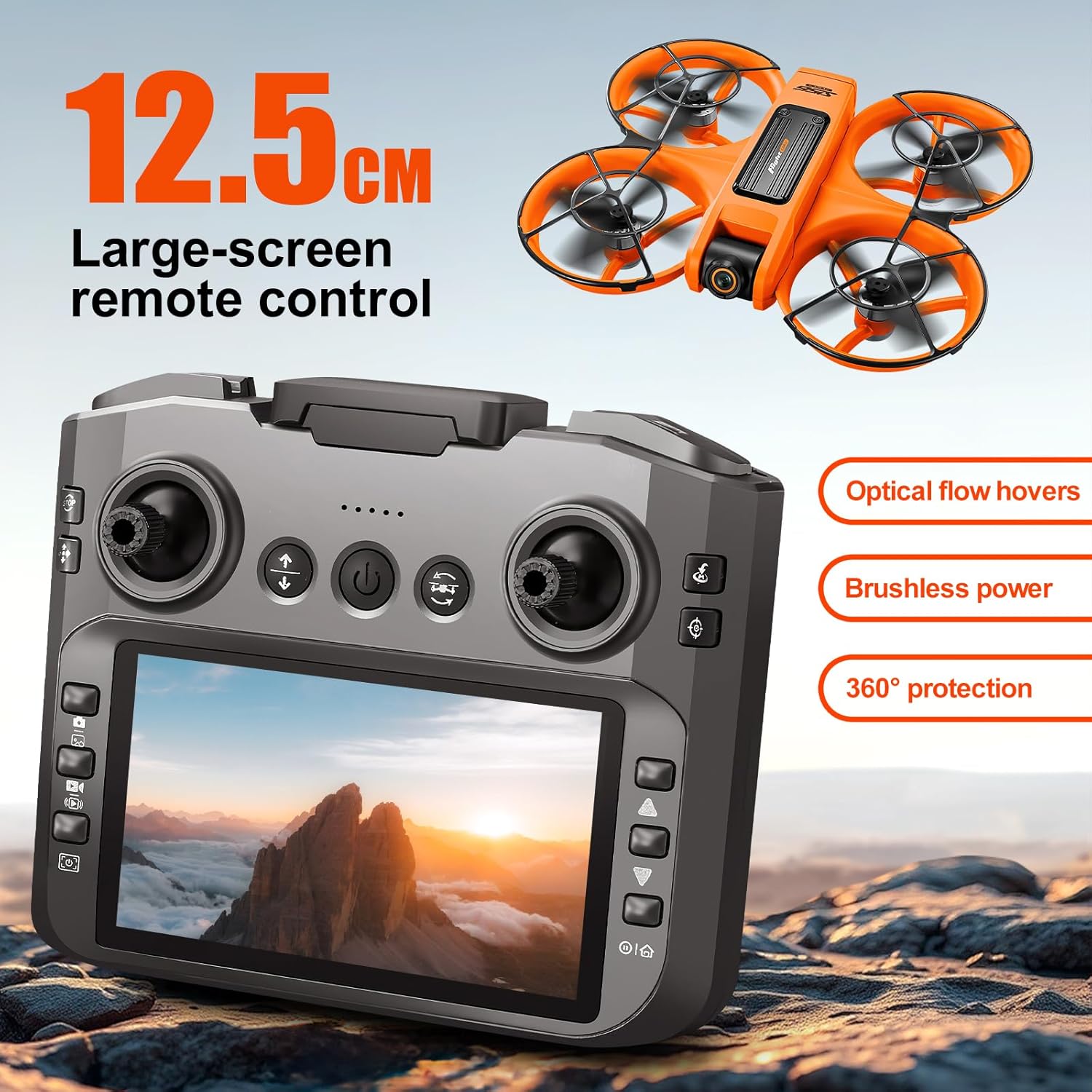 Drone With Large Screen Remote Control (4.92in) , Mini Airplane with Dual Cameras, 2 Batteries, 360° Flips, Full Propeller Guard Protection for Anti-Collision, Brushless Motor, Hovering, Quadcopter with Optical Flow Positioning, RC Helicopter for Adults and Beginners, Drones Kids For Age 8-12 (Orange)