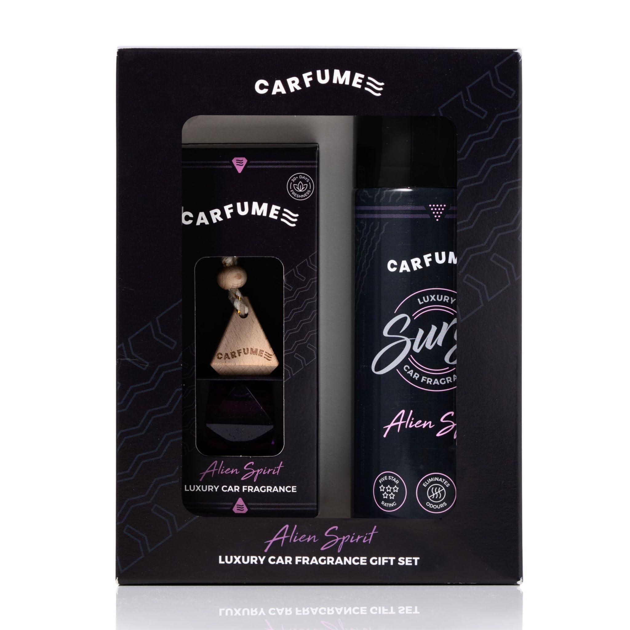 Carfume Alien Spirit Car Air Freshener Gift Set | Original Collection | Floral, Jasmine & White Amber Fragrance - Hanging Diffuser & Surge Can - Luxury Purple Car Accessory Gift For Women