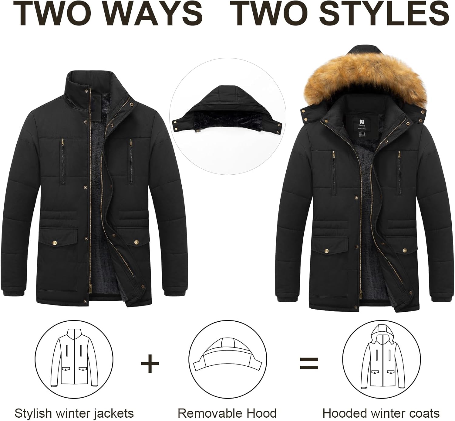 Pursky Men's Winter Cotton Military Coat Fleece Lined Warm Work Jacket Thicken Parka with Removable Faux Fur Hood - Image 3