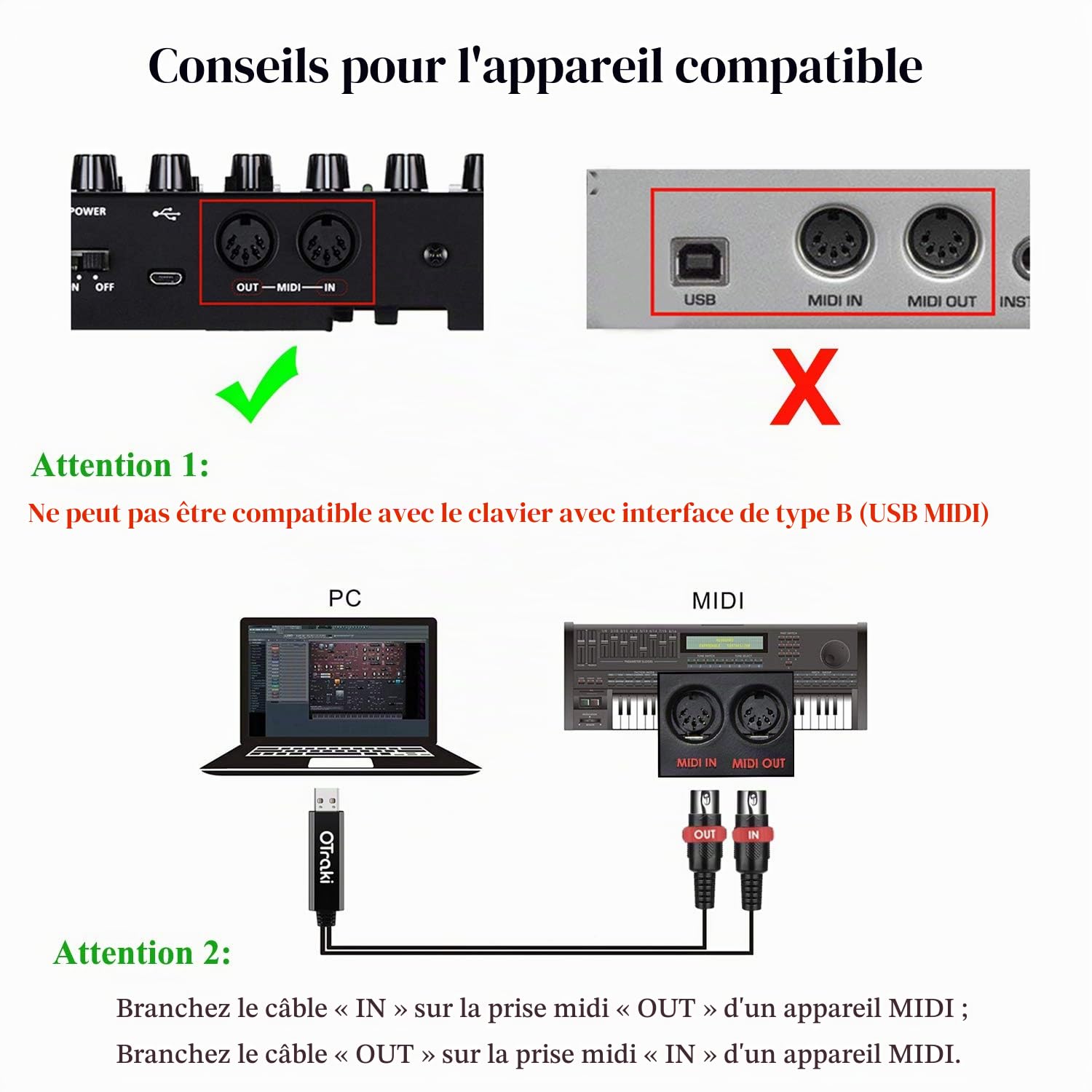 OTraki Câble MIDI USB 2M, Câble D'interface USB vers MIDI - Cable de Conversion DIN 5 Pin [IN/OUT] MIDI - Convertisseur Pour Ordinateurs Portables PC Clavier Piano Musique Studio