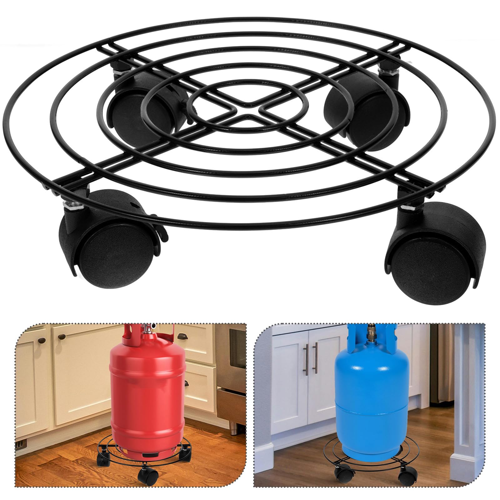 Supporto Base Rotonda Mobile in Ferro con Ruote Bloccabili e Freno per Bombola di Gas per Bombole di Propano, per Uso Domestico e Commerciale