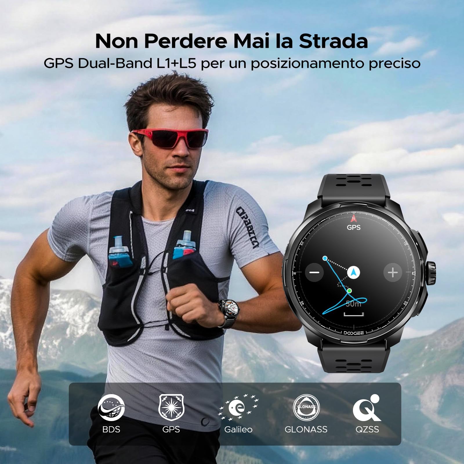 ANYMOVINGM1-Nero Smartwatch fitness uomo GPS dual-band, 170+ sport, Assistente AI, AMOLED 1,5", 20 giorni, 5ATM+IP68