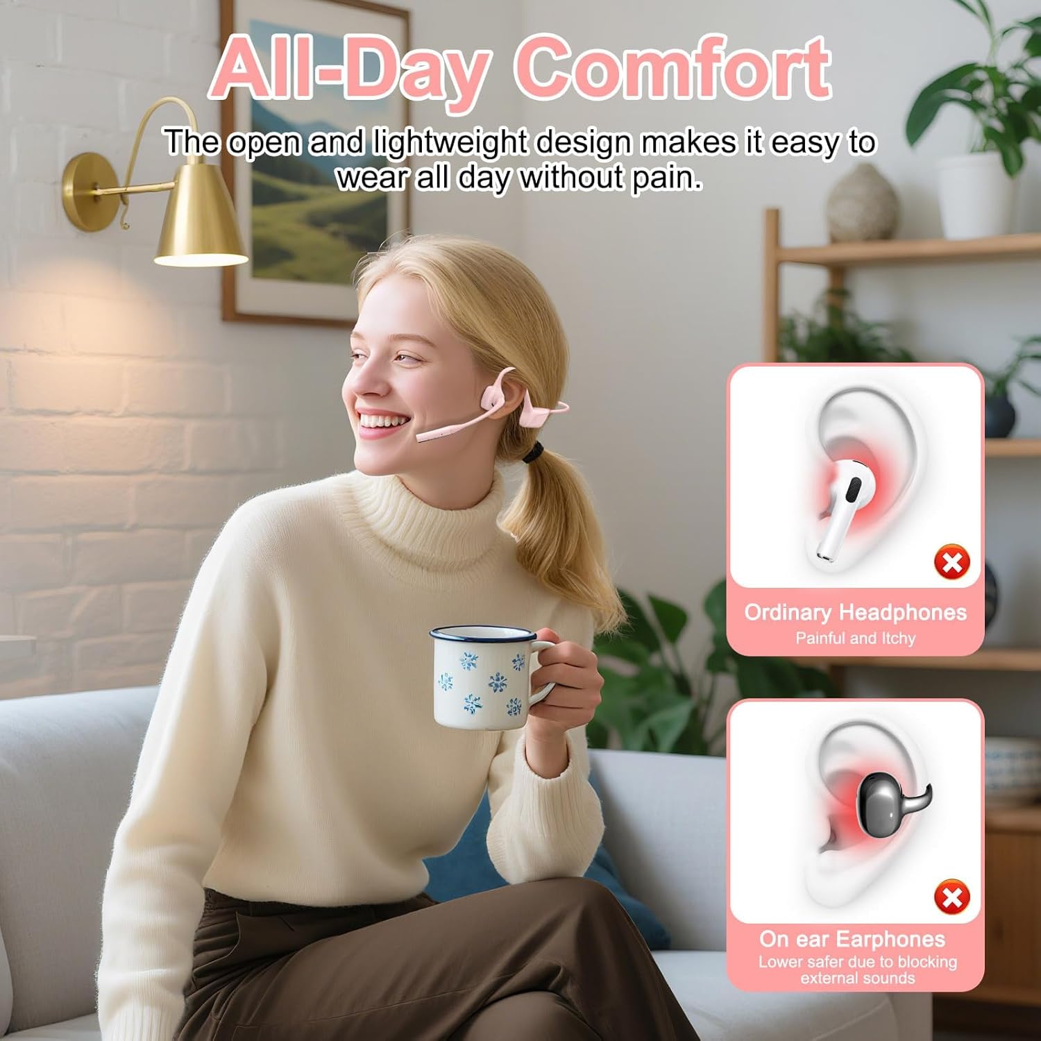 ZIOCOM Open Ear Headphones, Bluetooth 5.1 Headset with Mic, ENC Noise Cancelling and Mute Button, AptX-LL Wireless Headset for Office Driving Working Home-10 Hrs(Not Bone Conduction) (Pink)