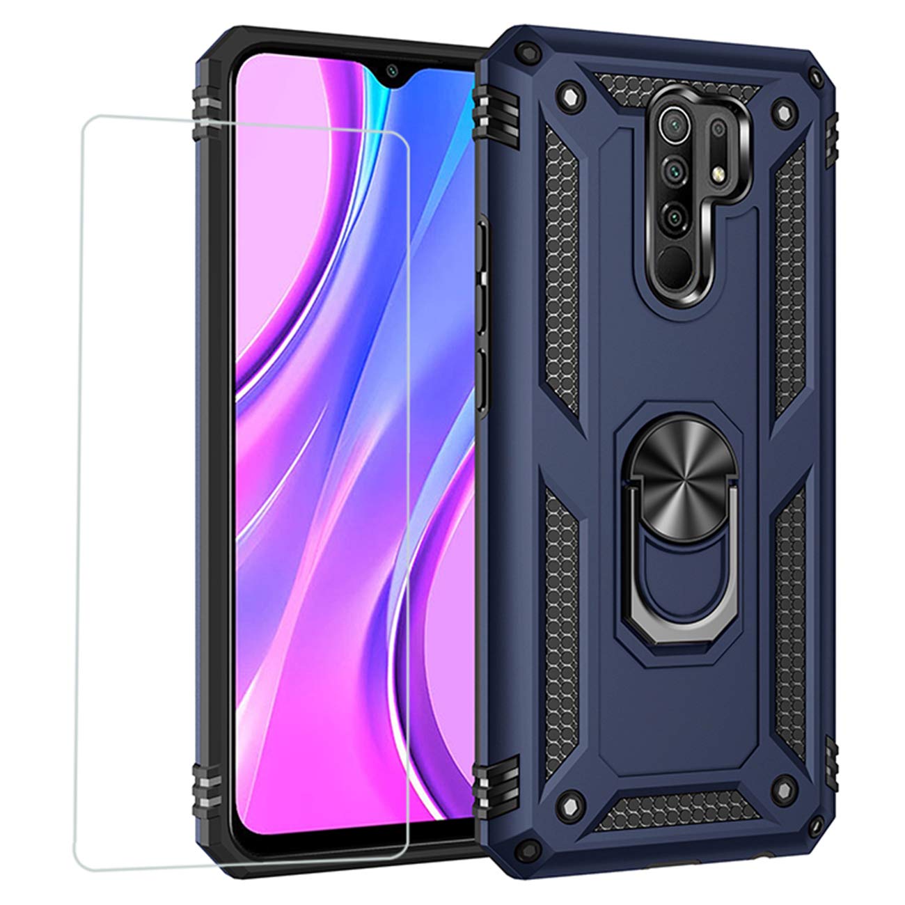 Joytag compatibles para Funda Xiaomi Redmi 9，Carcasa +Cristal Templado Silicona TPU 360 Grados Anillo Giratorio magnético Soporte Caja del teléfono del Coche-Negro — view 10