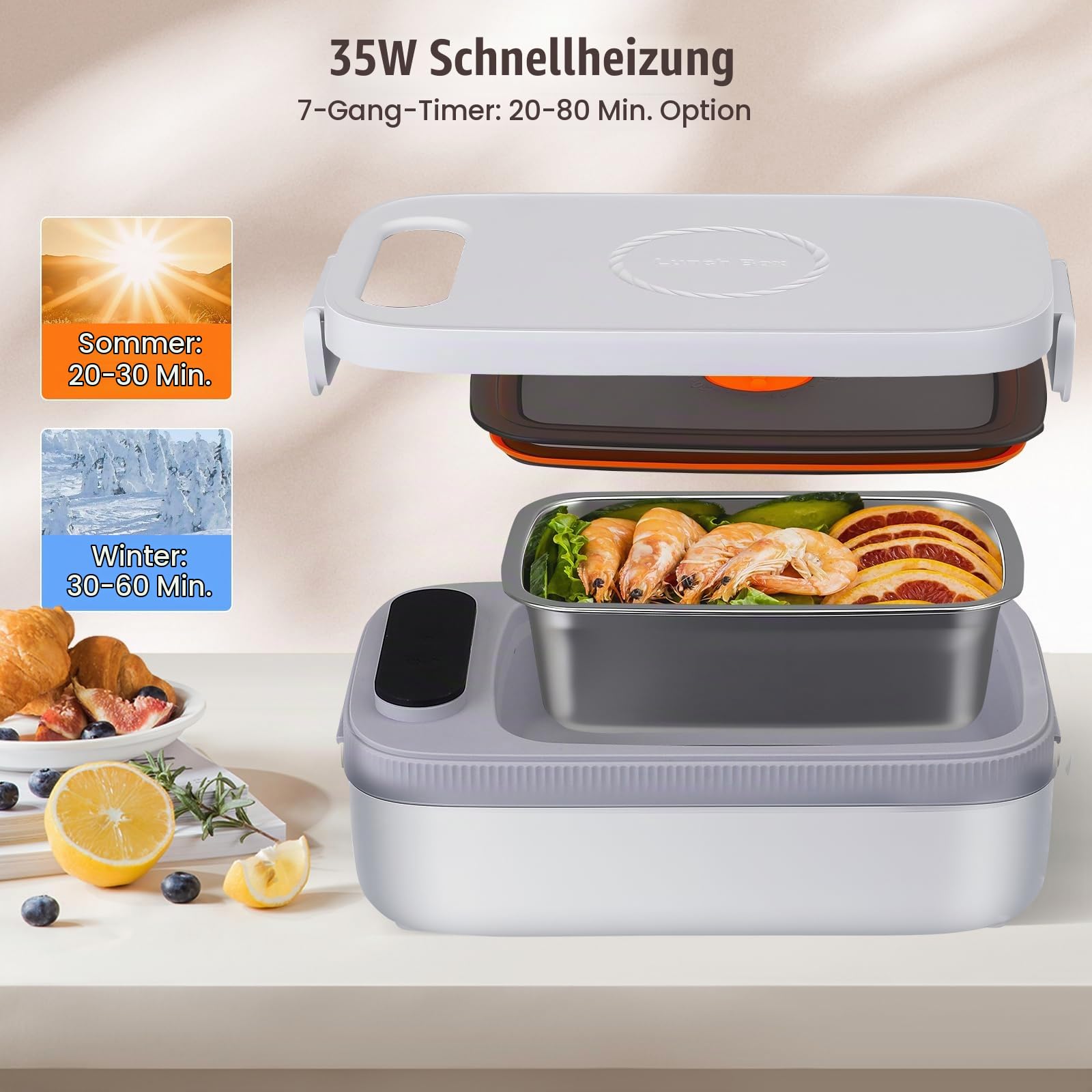 Elektrische Lunchbox mit Akku 14000mAh 1L Kabellose Beheizte Lunchbox für Erwachsene mit Automatischer Aufheizfunktion, USB Heizbare Brotdose, Edelstahl-Innenbehälter, Kein Besteck