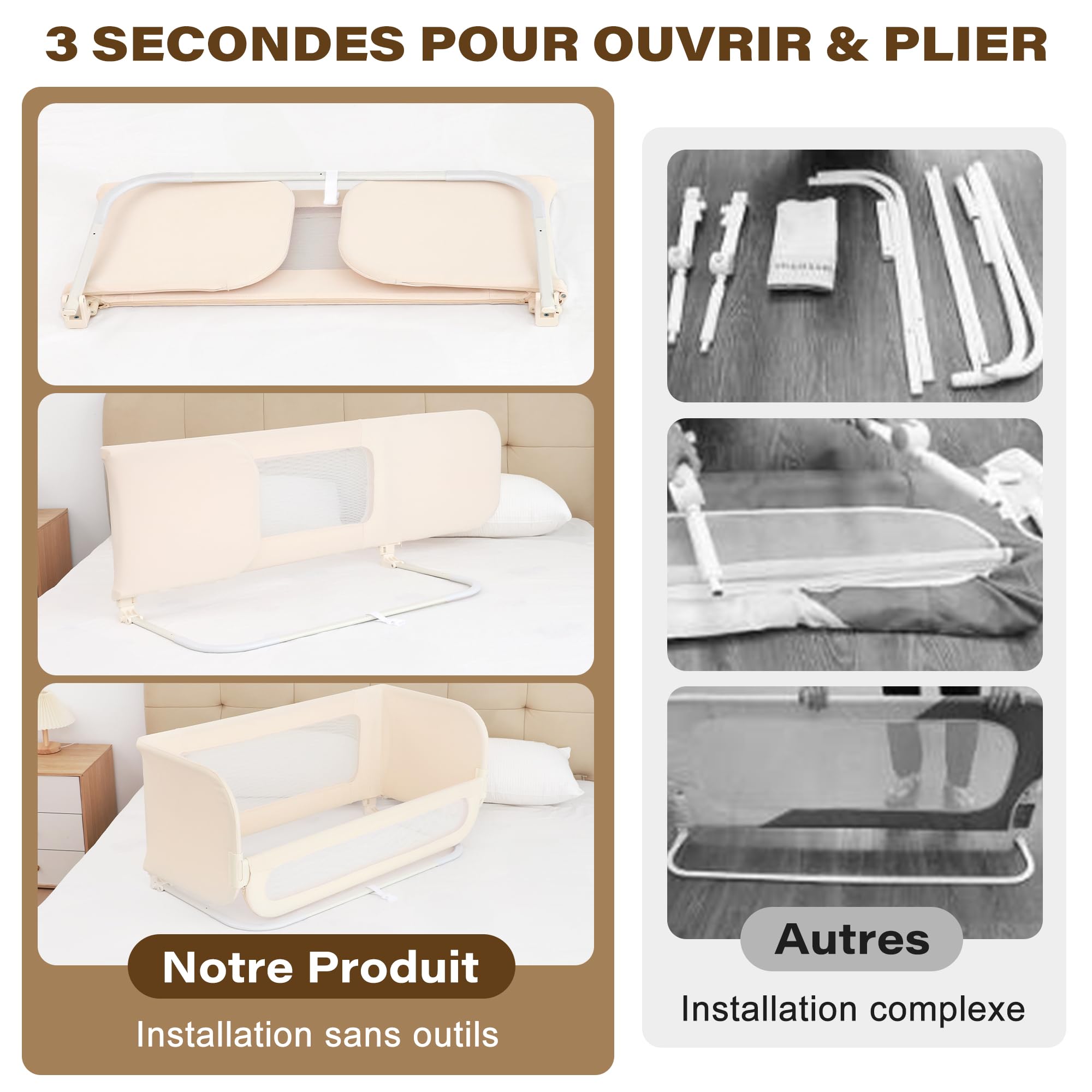 Barriere de Lit Enfant Pliable 2-en-1 185cm avec Sac de Transport, Crème