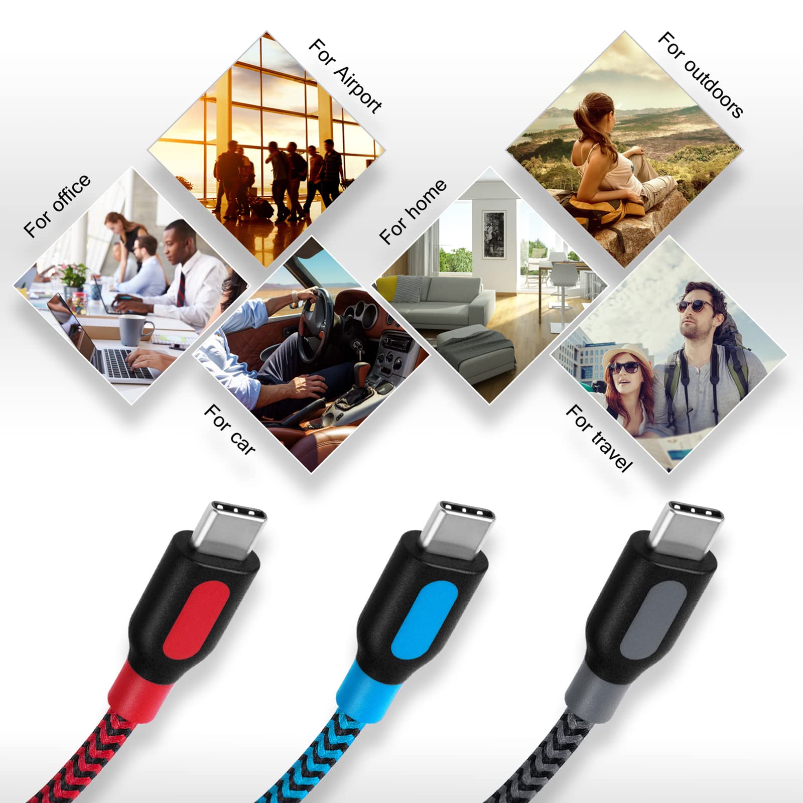 Canjoy 3pcs 10ft 2.0 USB C Cable 3m Negro Cable USB