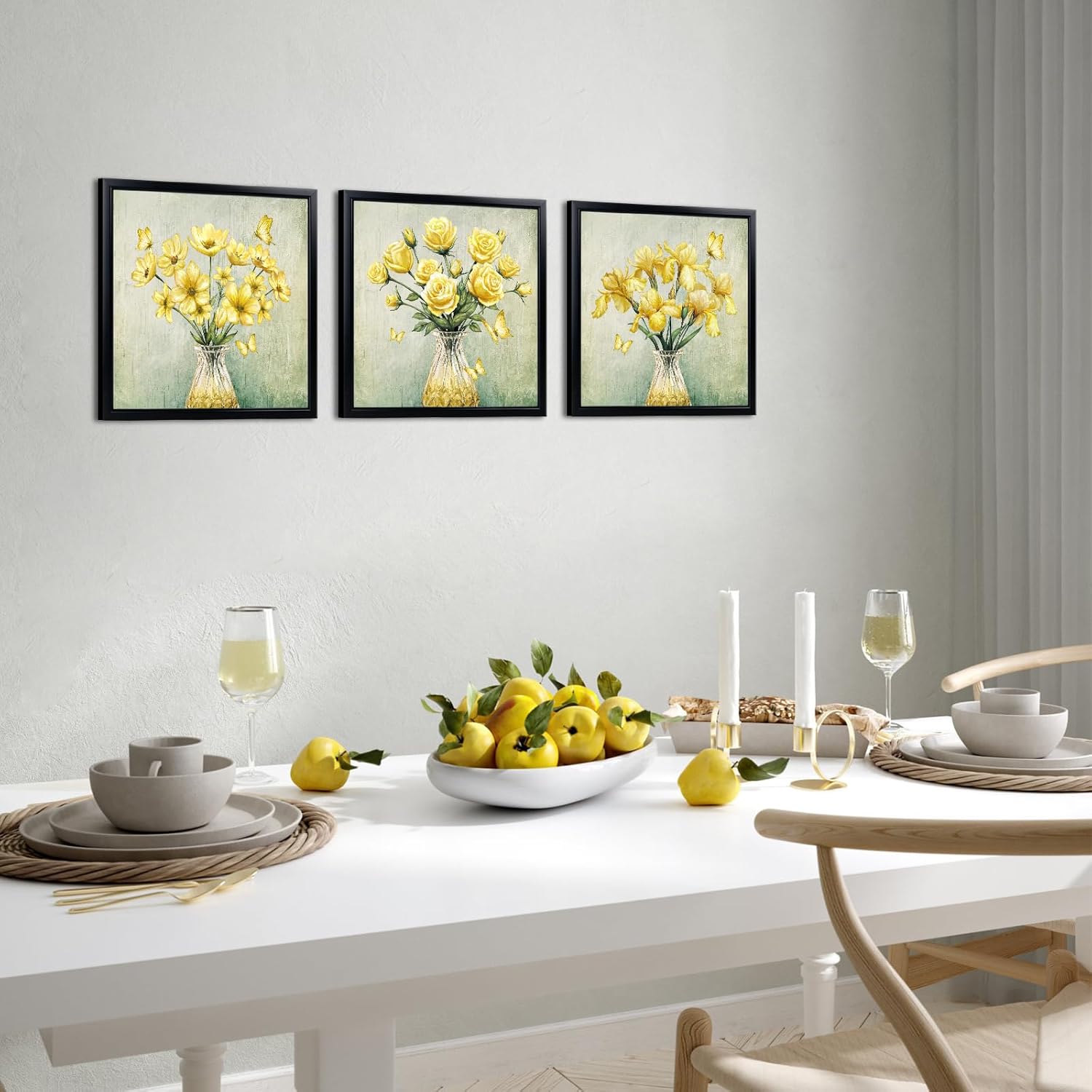 HOMEOART Flower Wall Prints Butterfly Wall Art Bathroom Wall Decor Picture, Set of 3, Black Frame 12x12 inch (Yellow)
