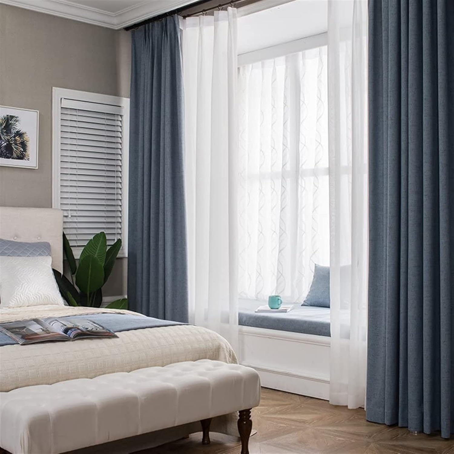 Full Blackout Solid Color Curtains, Thermal Insulated Linen Curtain for Living Room Bedroom Valances Modern Drapes 1 Pc (Color : Navy Blue, Size : W300*H270cm)