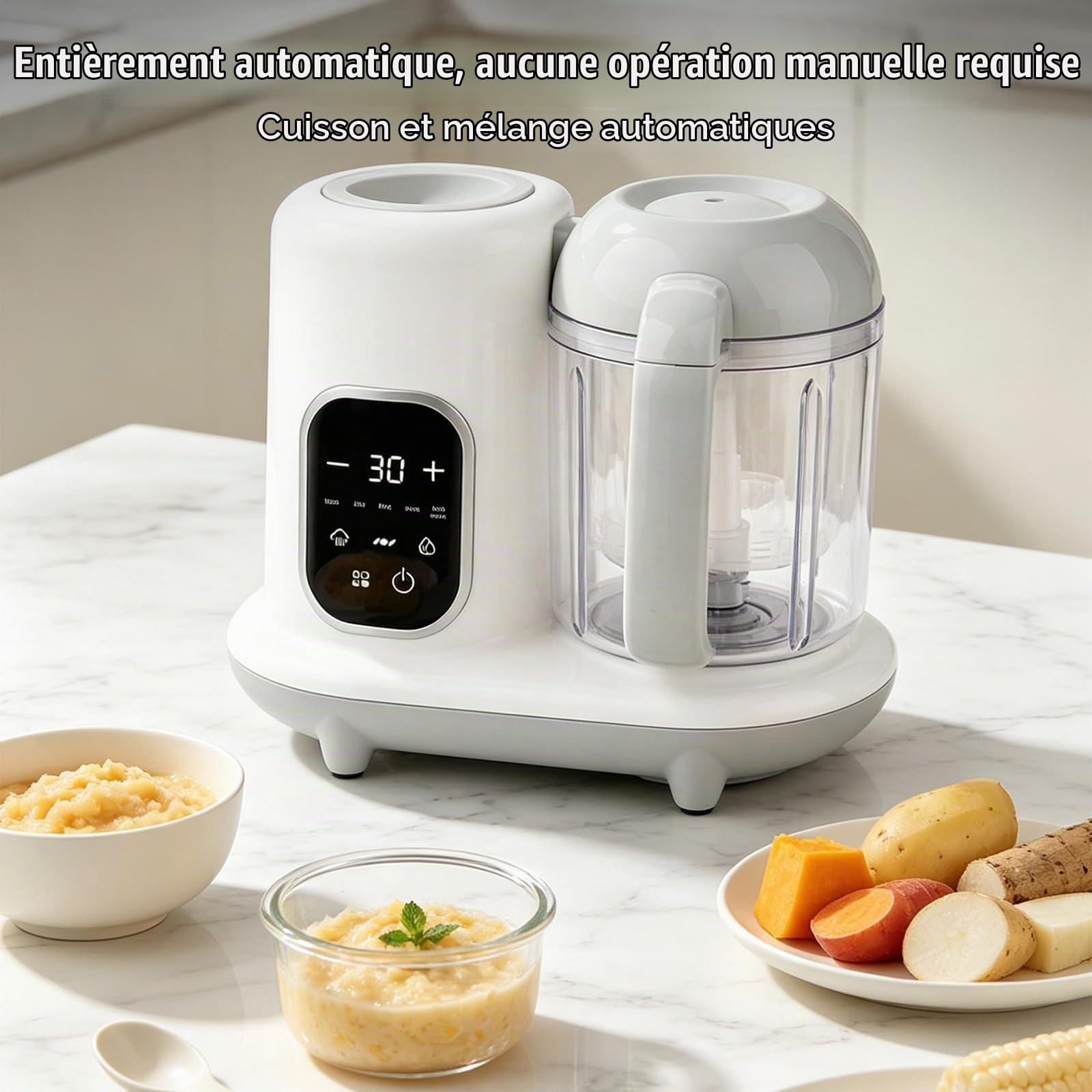 Robot Cuiseur Mixeur pour Bebe,Robot cuisine Multifonction Bébé,Ecran Tactile LED, Stérilisation & Nettoyage Auto,pour Purées Bébé DIY (Blanc C)