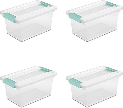 Sterilite Medium Clip Box, Stackable Small Storage Bin with Latching Lid, Plastic Container to Organize Office, Crafts, Clear Base and Lid, 4-Pack