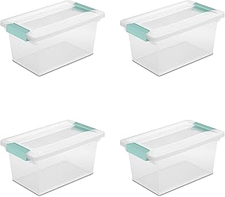 Medium Clip Box, Stackable Small Storage Bin with Latching Lid, Plastic Container to Organize Office, Crafts, Clear Base and Lid, 4-Pack