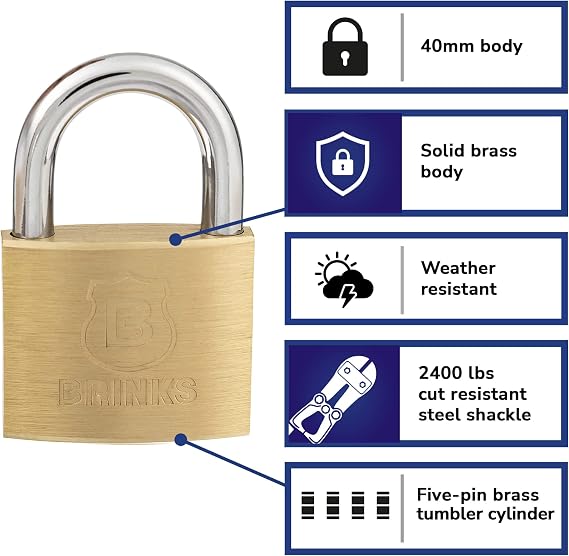Brinks 40mm Solid Brass Keyed Security Padlock, 4-Pack