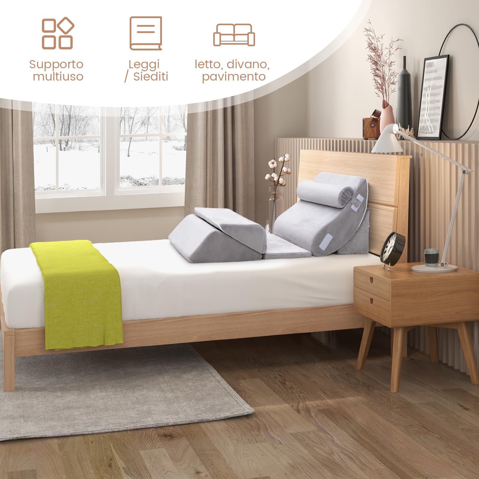 GYMAX Set di Cuscino a Cuneo per Letto/Divano, in Memory Foam, Cuscino Ergonomico, Supporto per Collo/Lombare/Schienale/Gambe, Forma Regolabile, Design Ortopedico, Grigio (6 Pz)