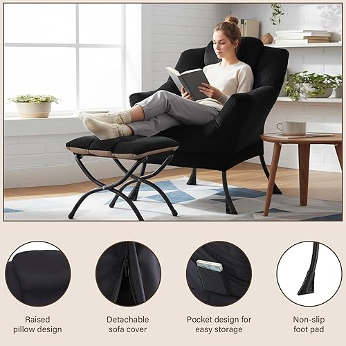 Miniatura 14 de Welnow Silla Lazy con otomana, moderna silla de descanso con reposabrazos y un bolsillo lateral, sillón para sofá de ocio, sillón de lectura