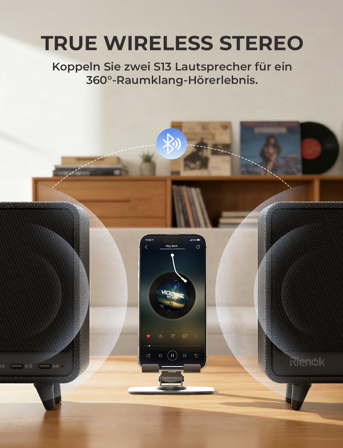 RIENOK Bluetooth Lautsprecher aus Holz, 40W Musikbox kabellos mit Holzgehäuse, 24 Std. Spielzeit kraftvoller Sound BASS für drinnen, Zimmer