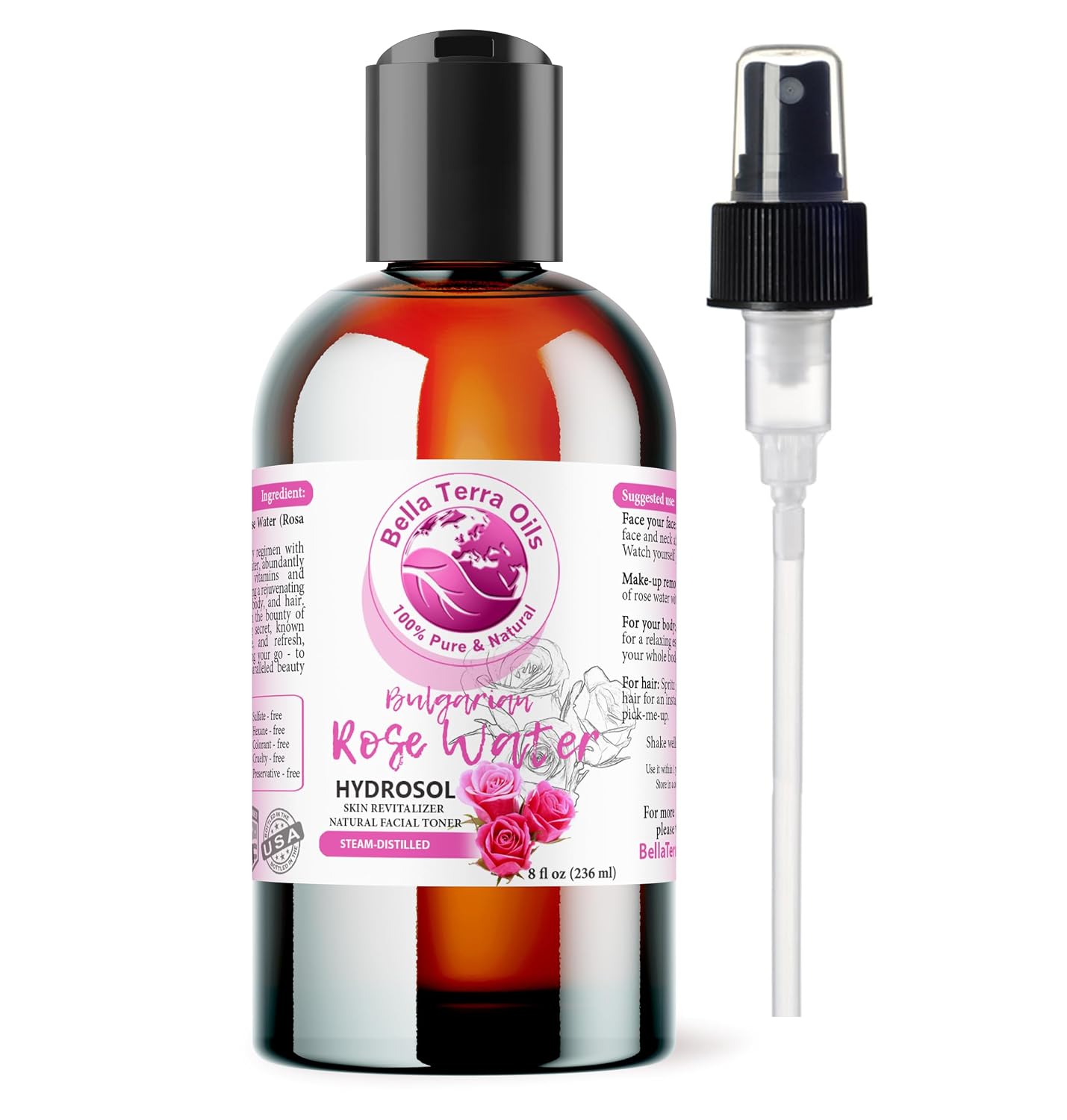 Bella Terra Oils - Rosewater Spray 8oz - Crafted from the Heart of Roses, Subtle Face and Hair Refreshment, Pure Bulgarian Rose Essence