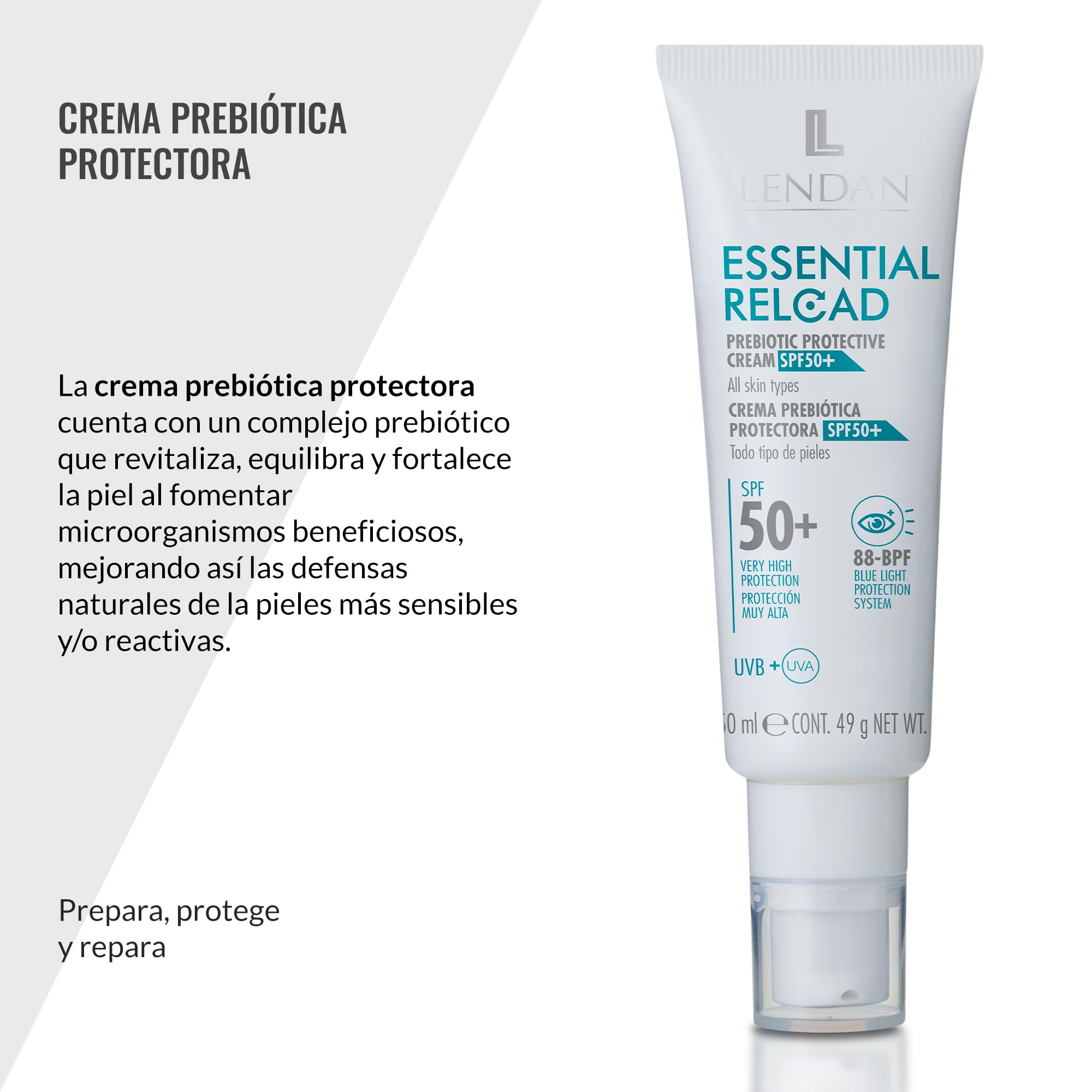 LENDAN - Crema Hidratante Facial - Essential Reload - 50 ml - Crema Prebiótica Reparadora - con Protector Solar SPF 50+ - para Todo Tipo de Pieles - No grasa - Fácil Absorción