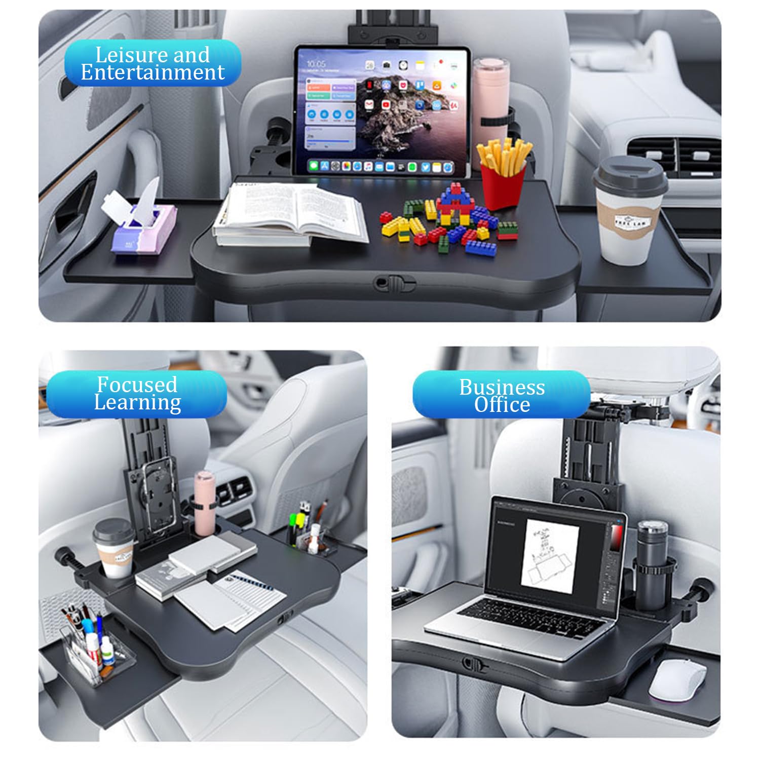 Tavolo Da Pranzo Per Sedile Posteriore Passeggero,Tavolino Per Auto,Vassoio Regolabile Per Auto Con Portabicchieri e Supporto Per Cellulare,Per Bambini,Viaggi,Lavoro,Pasti (Capacità Di Carico 20 Kg)