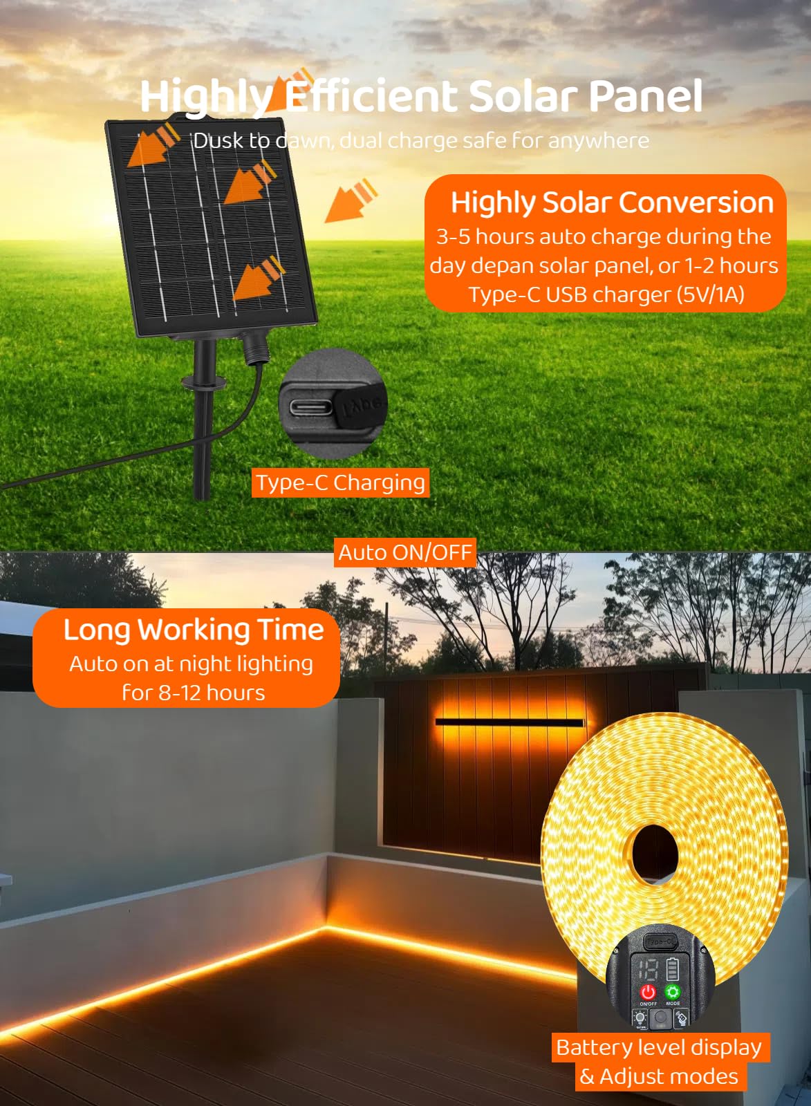 Gaoxun Solar LED Strip Außen, 10m 640 LED Outdoor Streifen IP68 Wasserdicht mit Fernbedienung, Dimmbar, 8 Modi, Flexibel LED Leiste für Garten, Terrasse, Balkon, Pavillon, Weg, Traufe Deko, Warmweiß