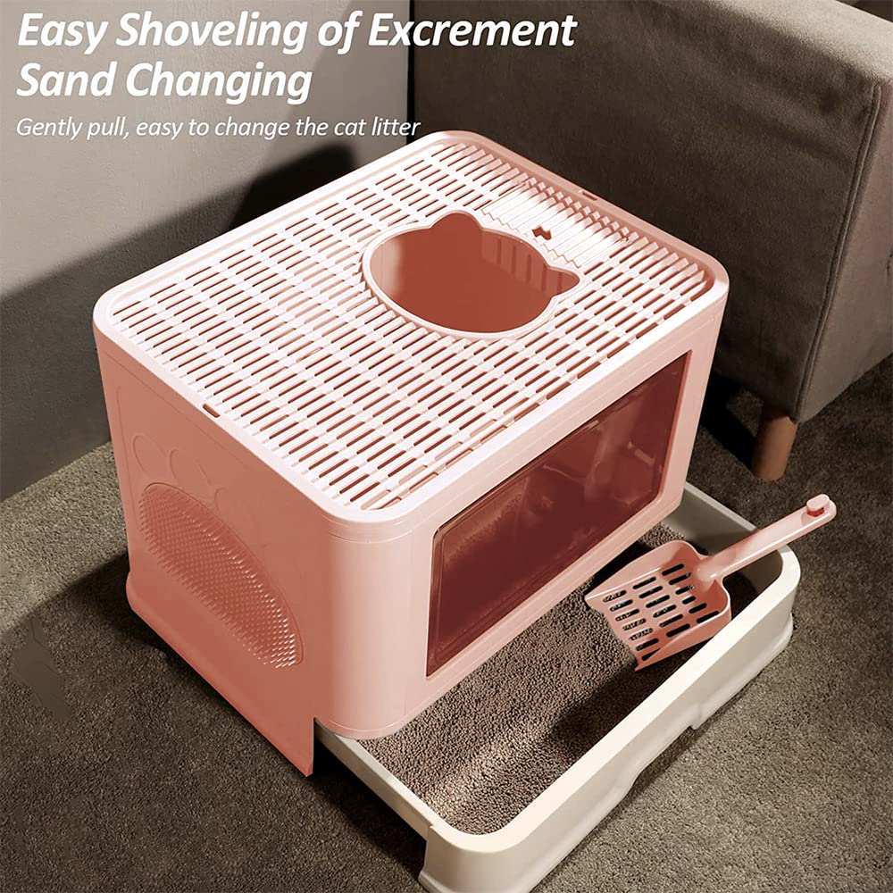 Caja de arena para gatos con tapa, caja de arena para gatos con pala, bandeja extraíble, 2 aberturas, fondo a prueba de fugas. (B-rosa)