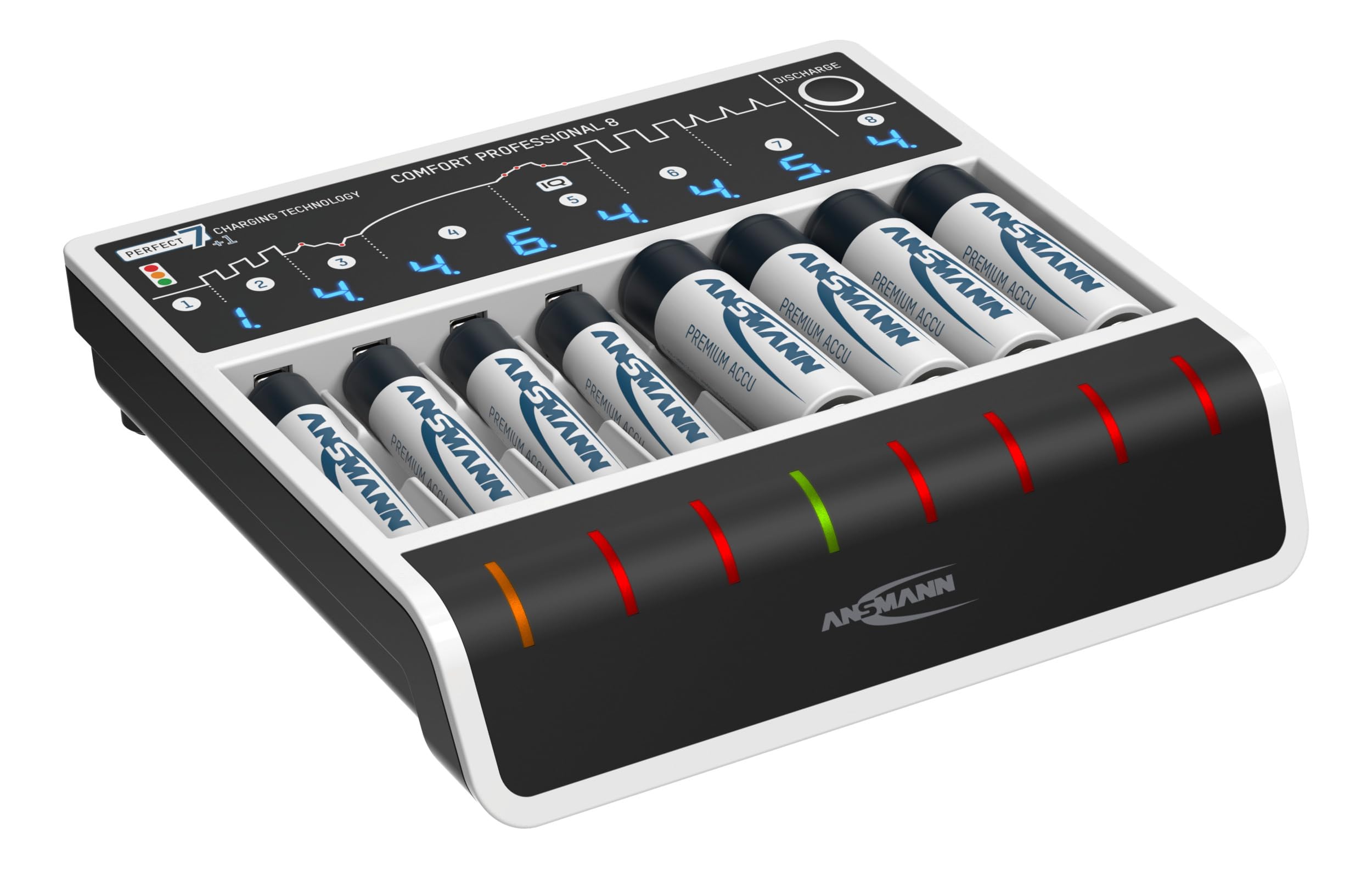 ANSMANN Cargador rápido con Entrada USB para 1 a 8 baterías NiMH de tamaños Micro AAA y Mignon AA, Comfort Professional 8