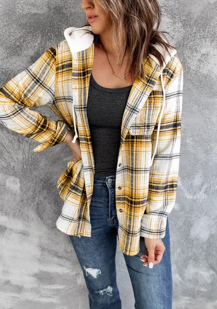 INFITTY Women's Buffalo Plaid Hoodie Long Sleeve Jacket Button Drawstring Casual Fall Shirts with Pocket - Image 2