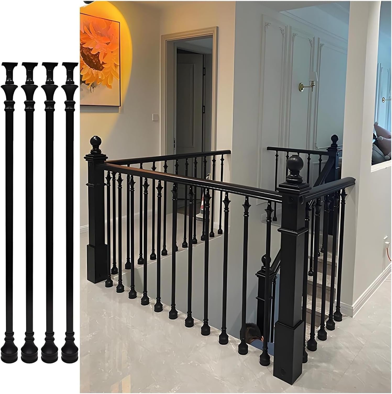 Stairs Railing Banister Post, Interior Stair Spindles, Wrought Iron Stairway Balusters, Aluminum Alloy Material, Black Metal Posts For Deck, Balcony, Staircases, Indoor Decor(4pcs)