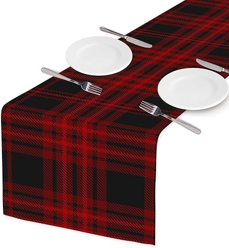 Miniatura 2 de HOSNYE Camino de mesa a cuadros rojo burdeos y negro, camino de mesa de lino de algodón para decoración de cocina, mesa familiar, mesa de comedor,