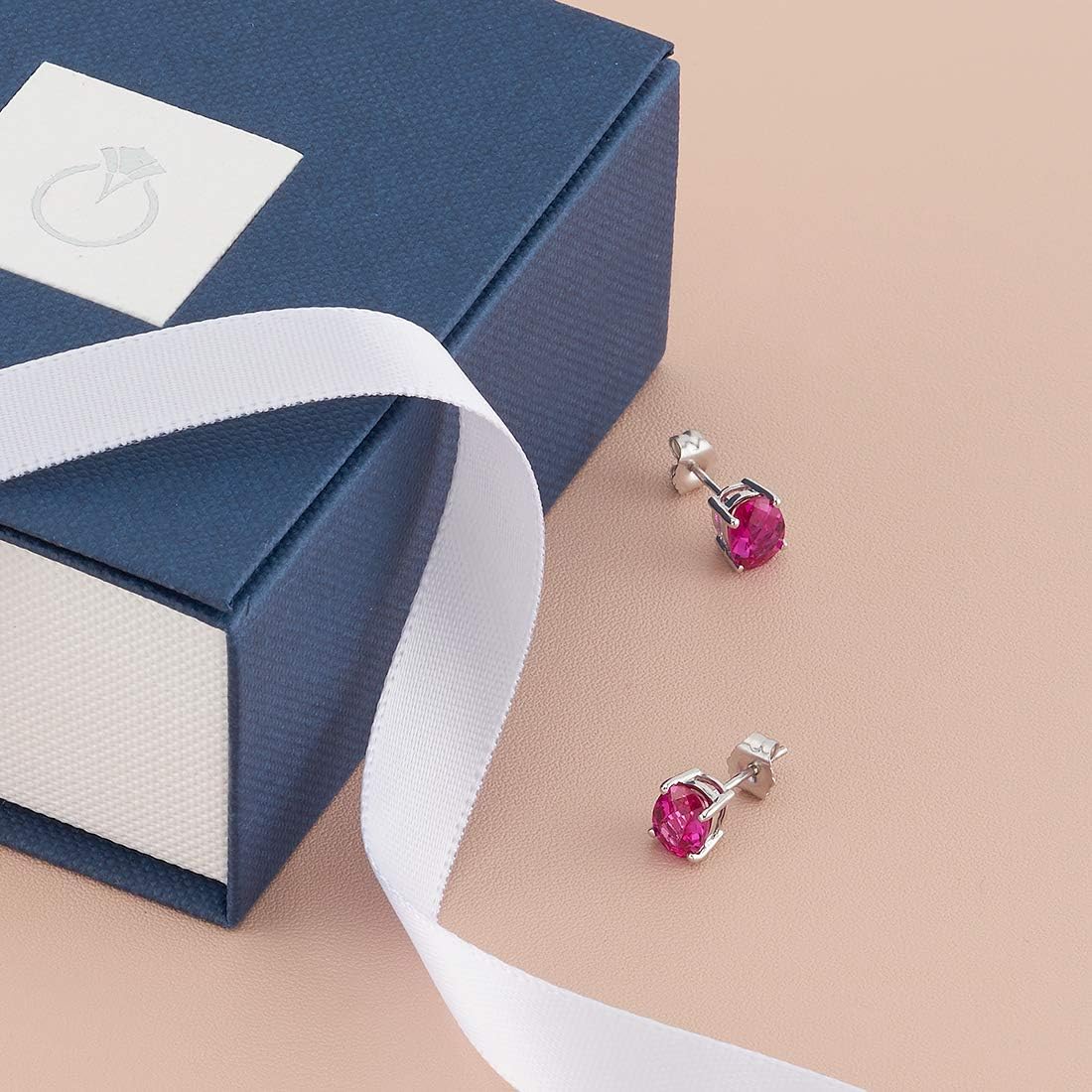 Peora 14K White Gold 2 Carats Created Ruby Earrings for Women, Classic Solitaire Studs, 7x5mm Oval Shape, Hypoallergenic, Friction Back, Ruby Gold Stud Earrings, July Birthstone Earrings