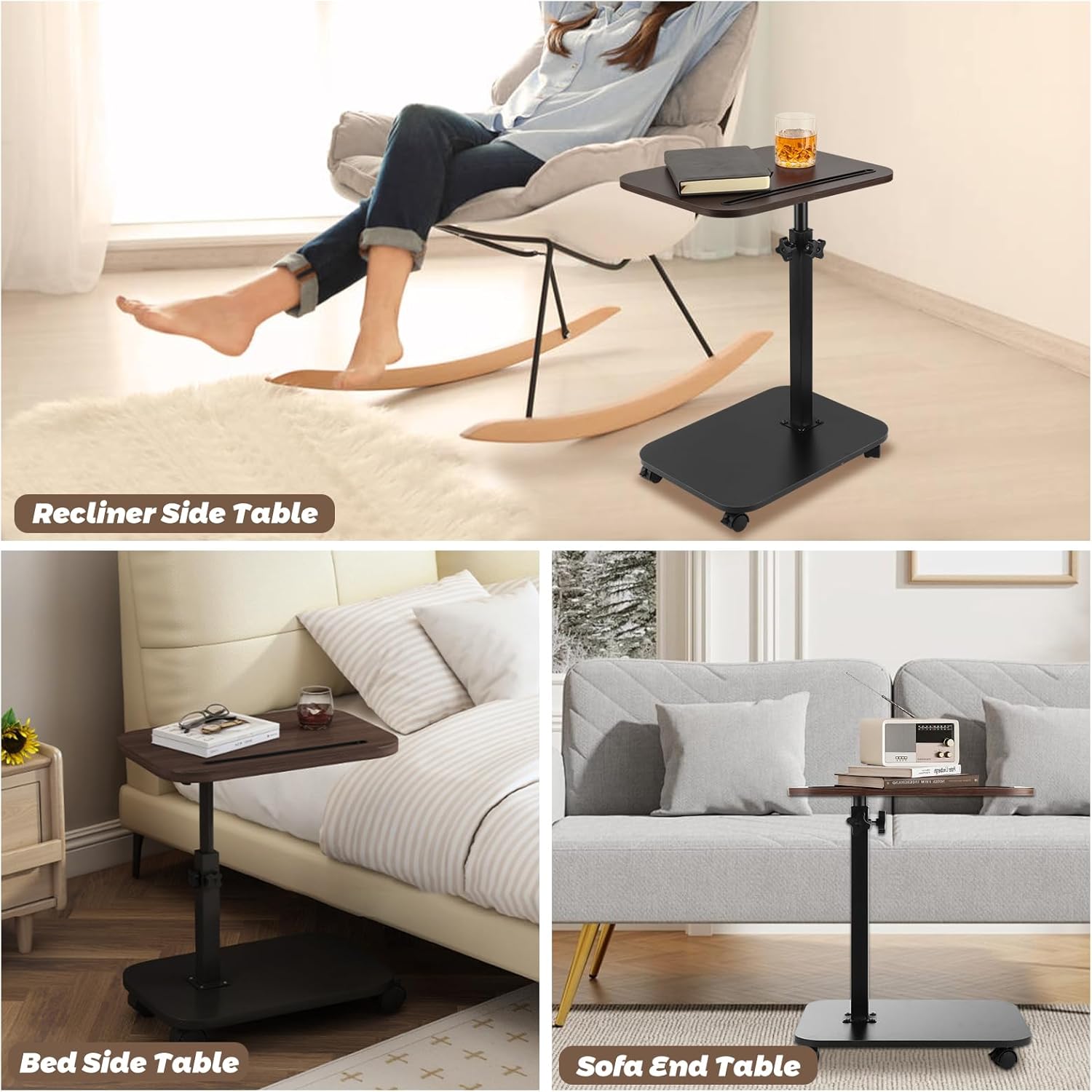 Sofa Armrest Tray Table for Couch, TV Tray Table 360° Flip-Over Panel Design & 360° Swivel Casters Swivel, C Shaped Sofa Side End Table for Couch, Bed, Chair, Living Room(Walnut)